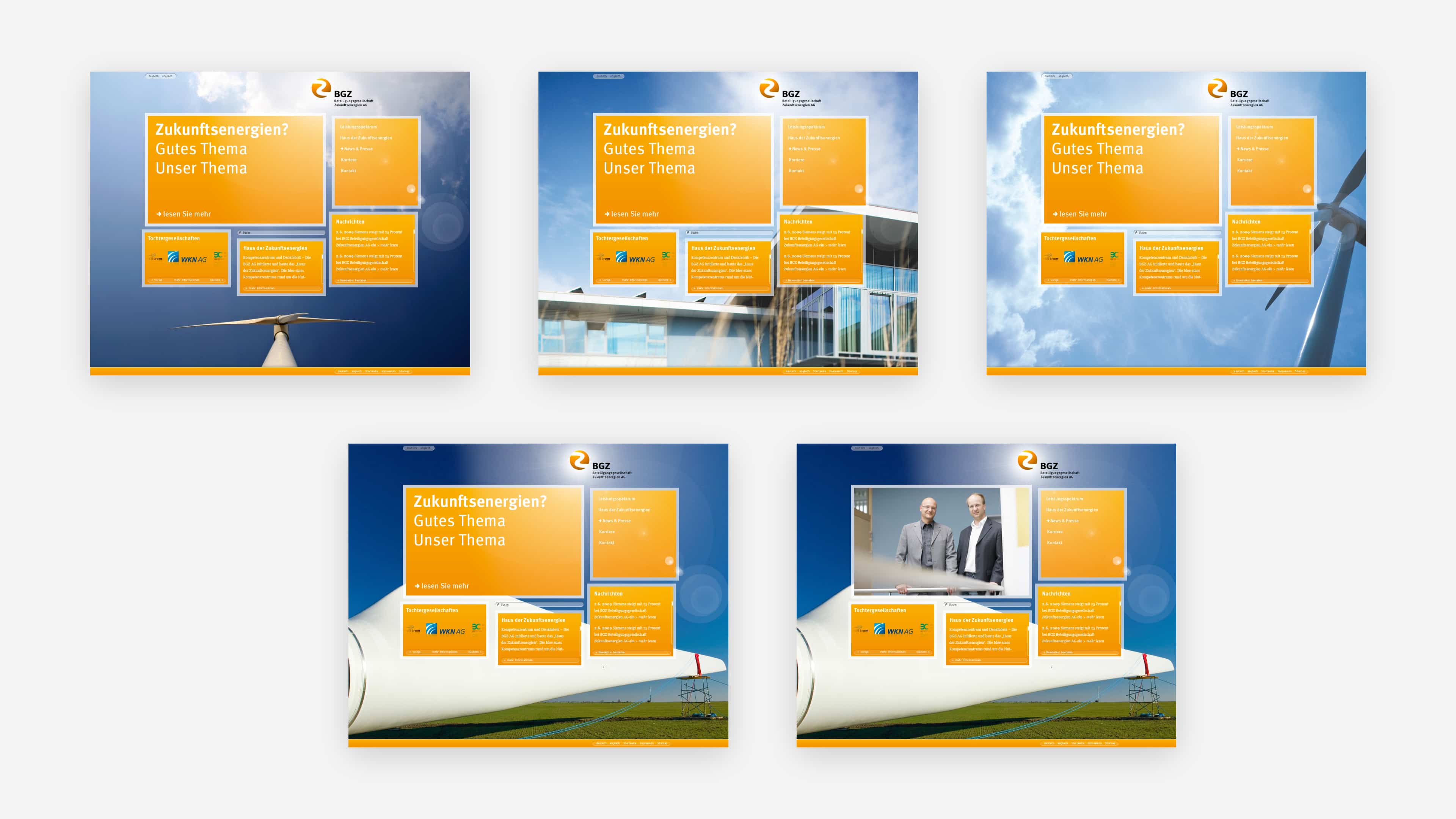 Fünf Screenshots der Website des BGZ mit orangefarbenen Kacheln