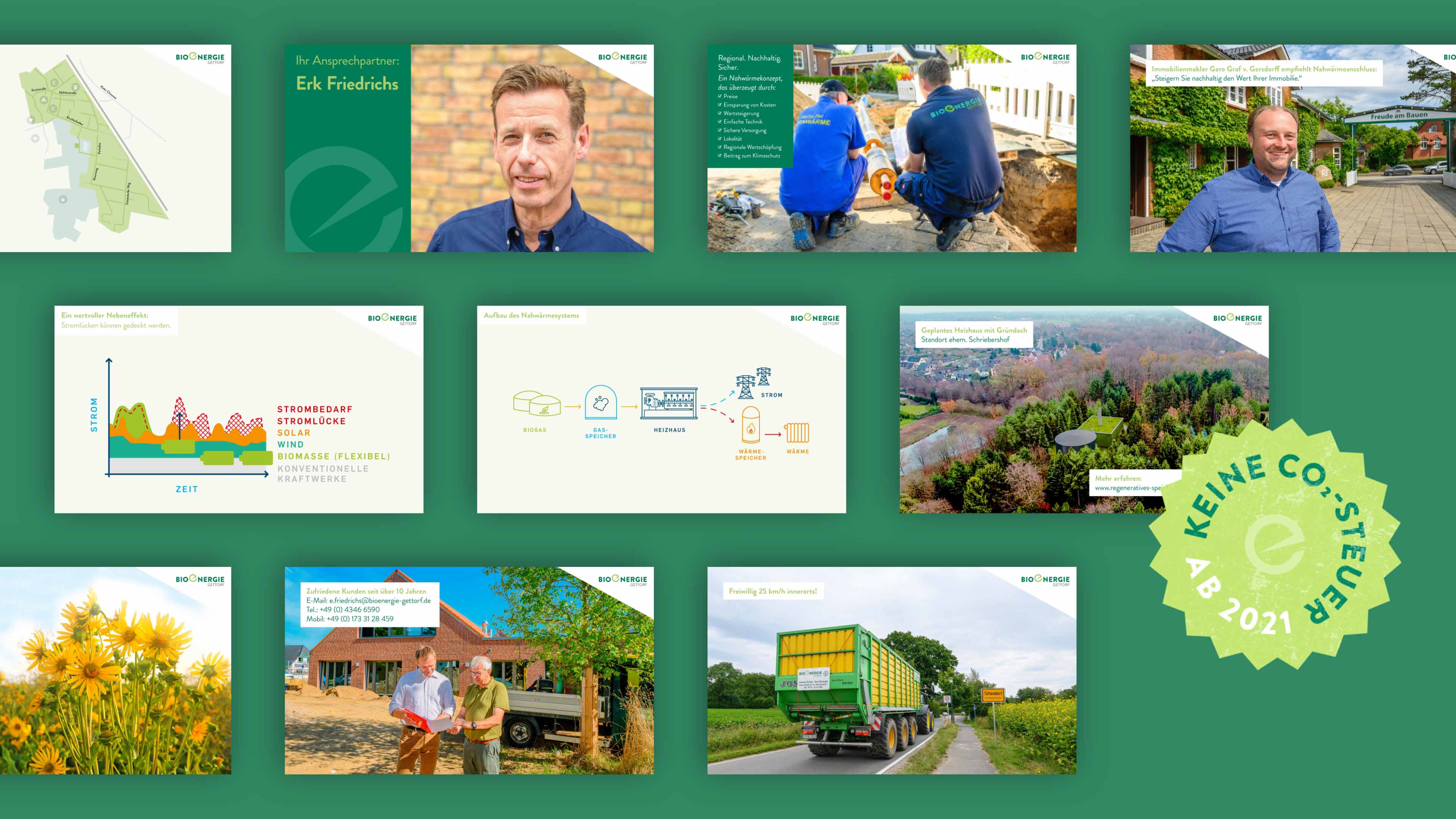 Collage mehrerer Bilder und Texte für Bioenergie Gettorf vor grünem Hintergrund
