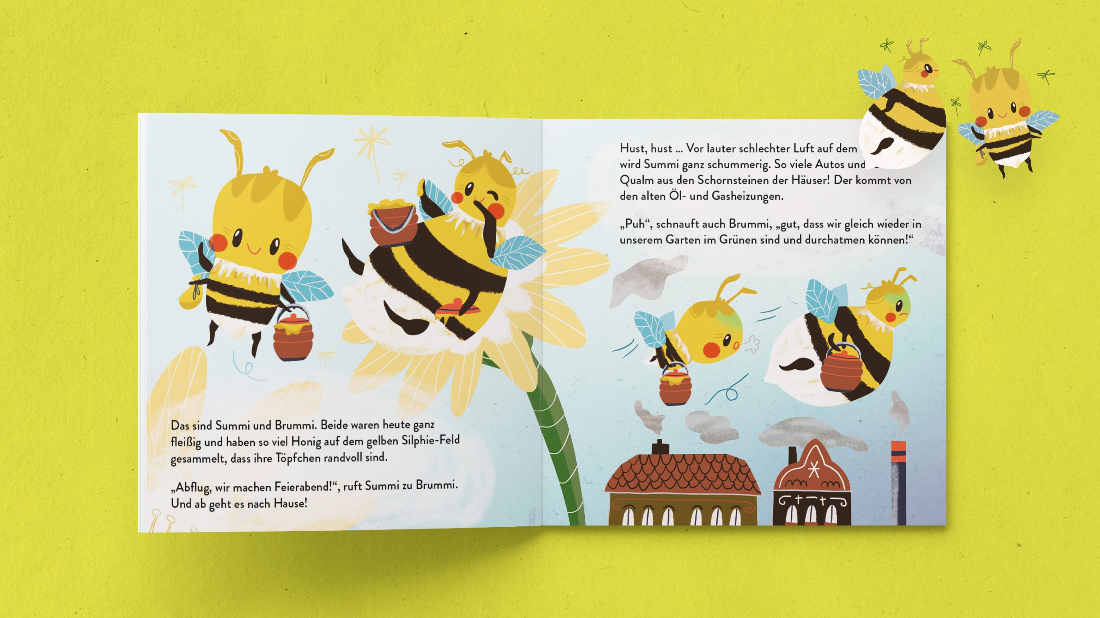 Doppelseite des Bienen-Buchs zeigt fliegende Bienen