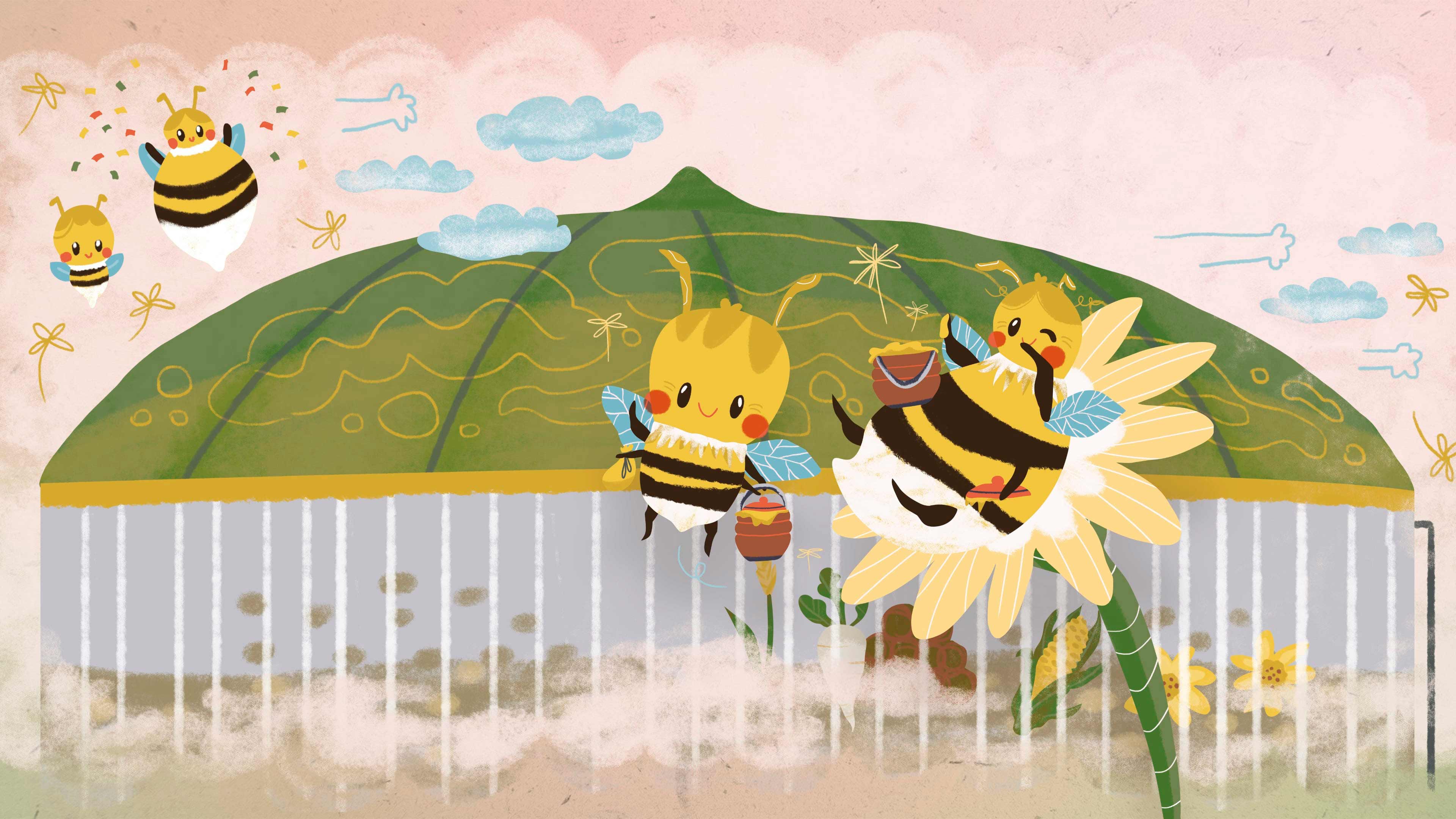 Bunt illustrierte Bienen vor einer Biogasanlage