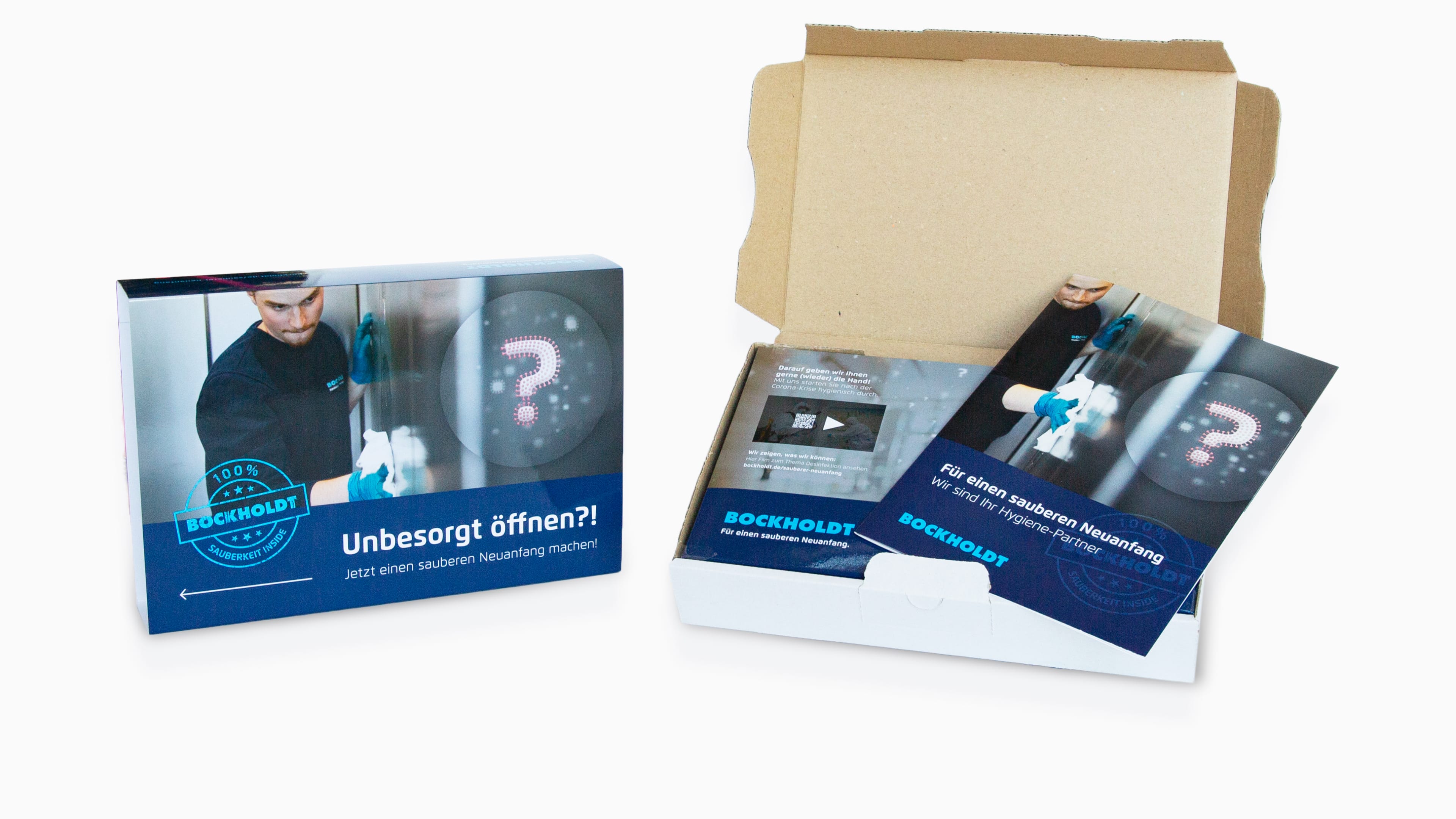 Geschlossene und geöffnete blaue Kartonbox mit Bockholdt-Foto und Logo