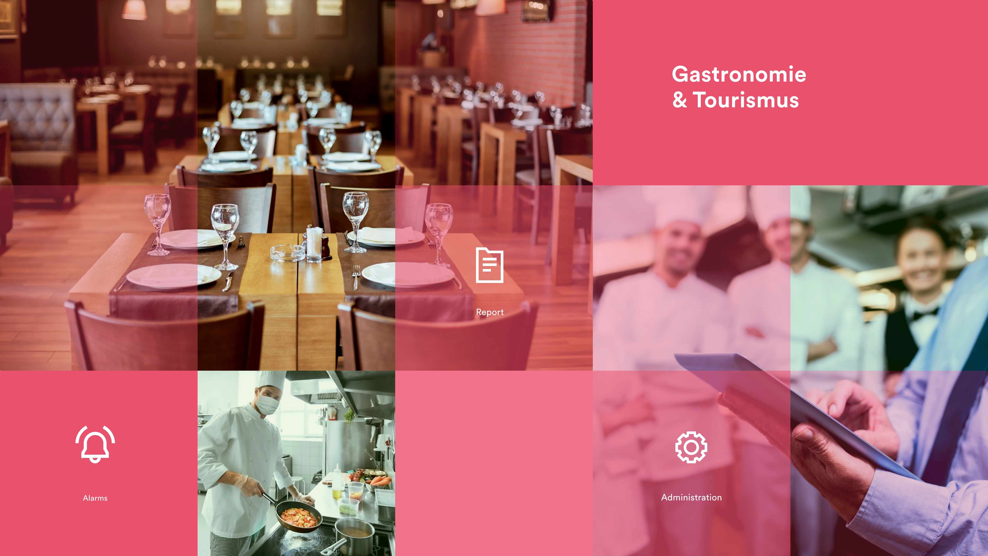 Gedeckte Tische, Köche und Schriftzug Gastronomie & Tourismus