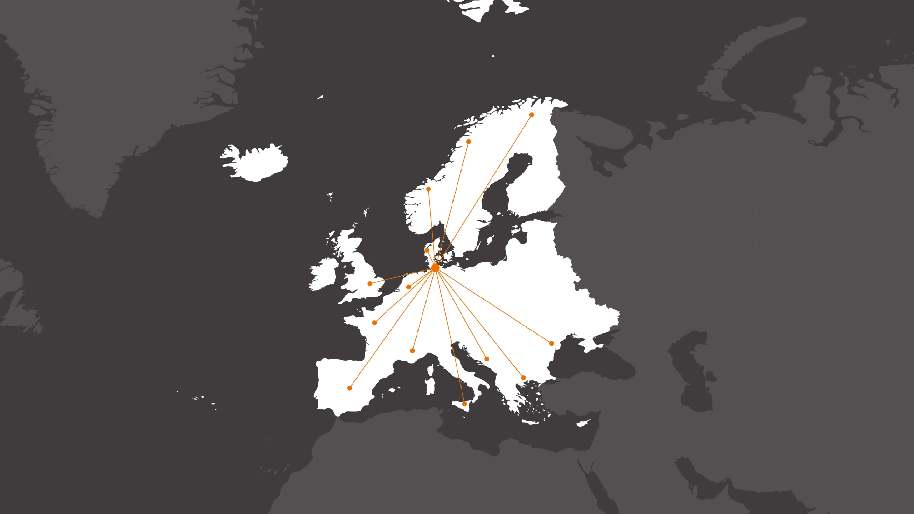 Stilisierte Europakarte zeigt Mittelpunkt in Schleswig-Holstein und davon abgehende Punkte in 12 Nachbarländern
