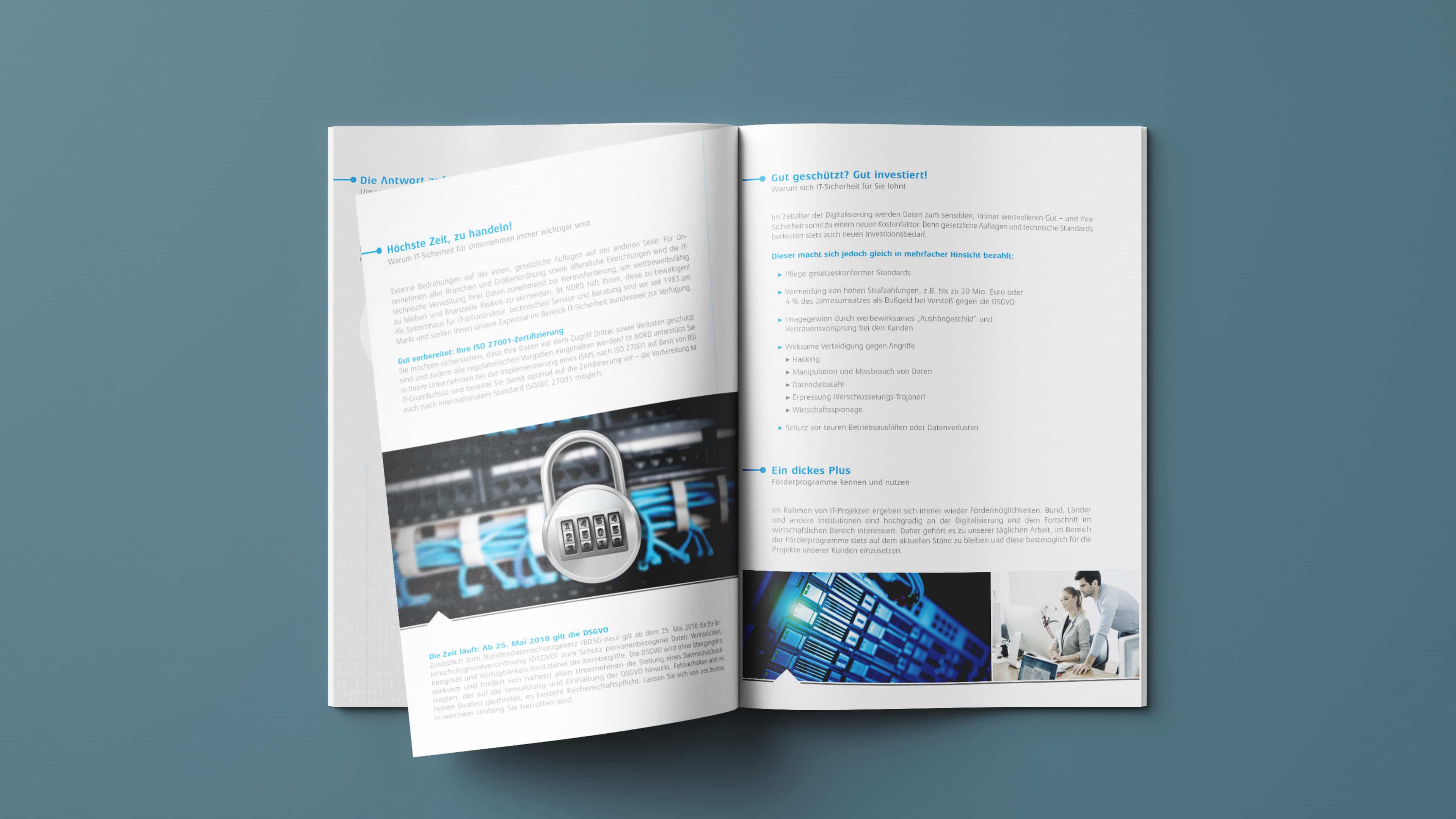Broschüre mit blauen Überschriften über IT-Sicherheit