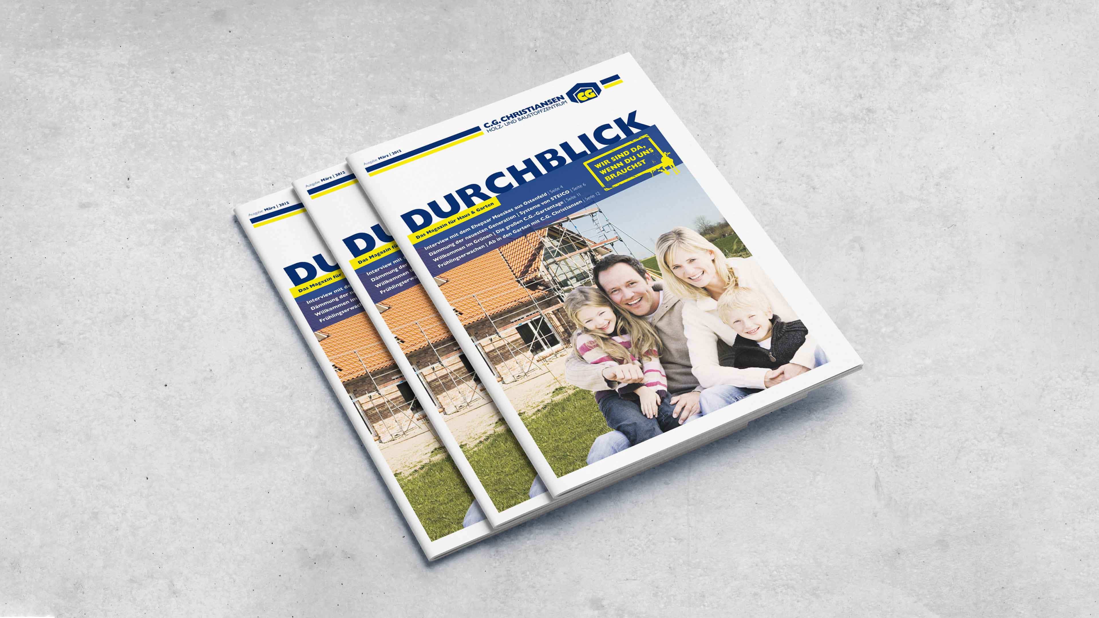 Stapel von drei C.G.-Magazinen zeigt glückliche Familie vorm Hausbau
