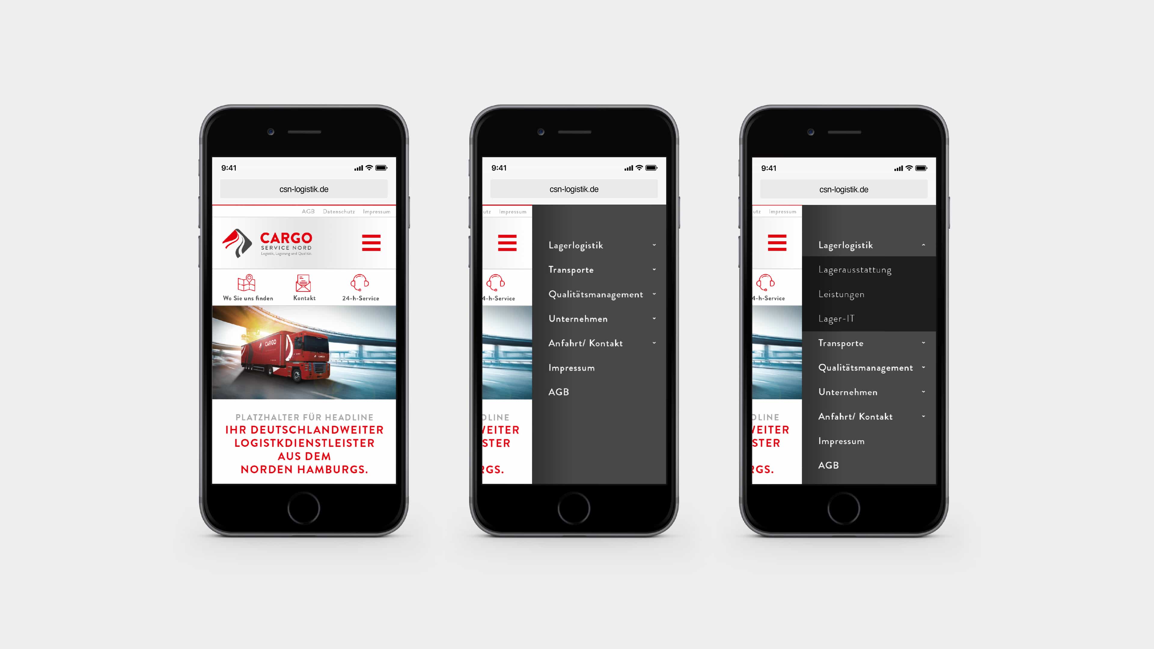 Drei Smartphones zeigen Startseite und Navigationsmenü von Cargo Service Nord 