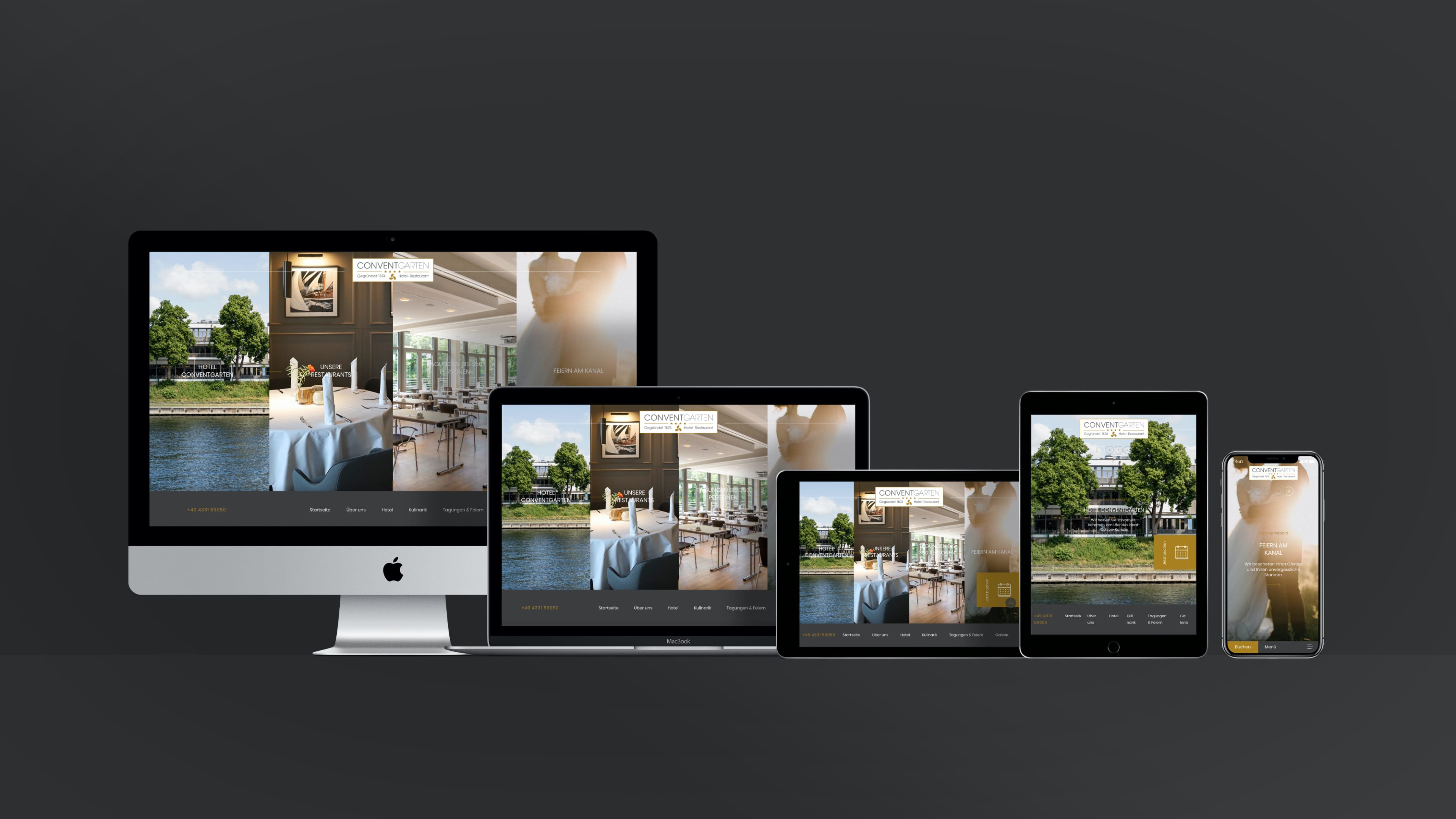 iMac, Macbook, Tablet und Smartphone zeigen Website des Hotel Conventgarten