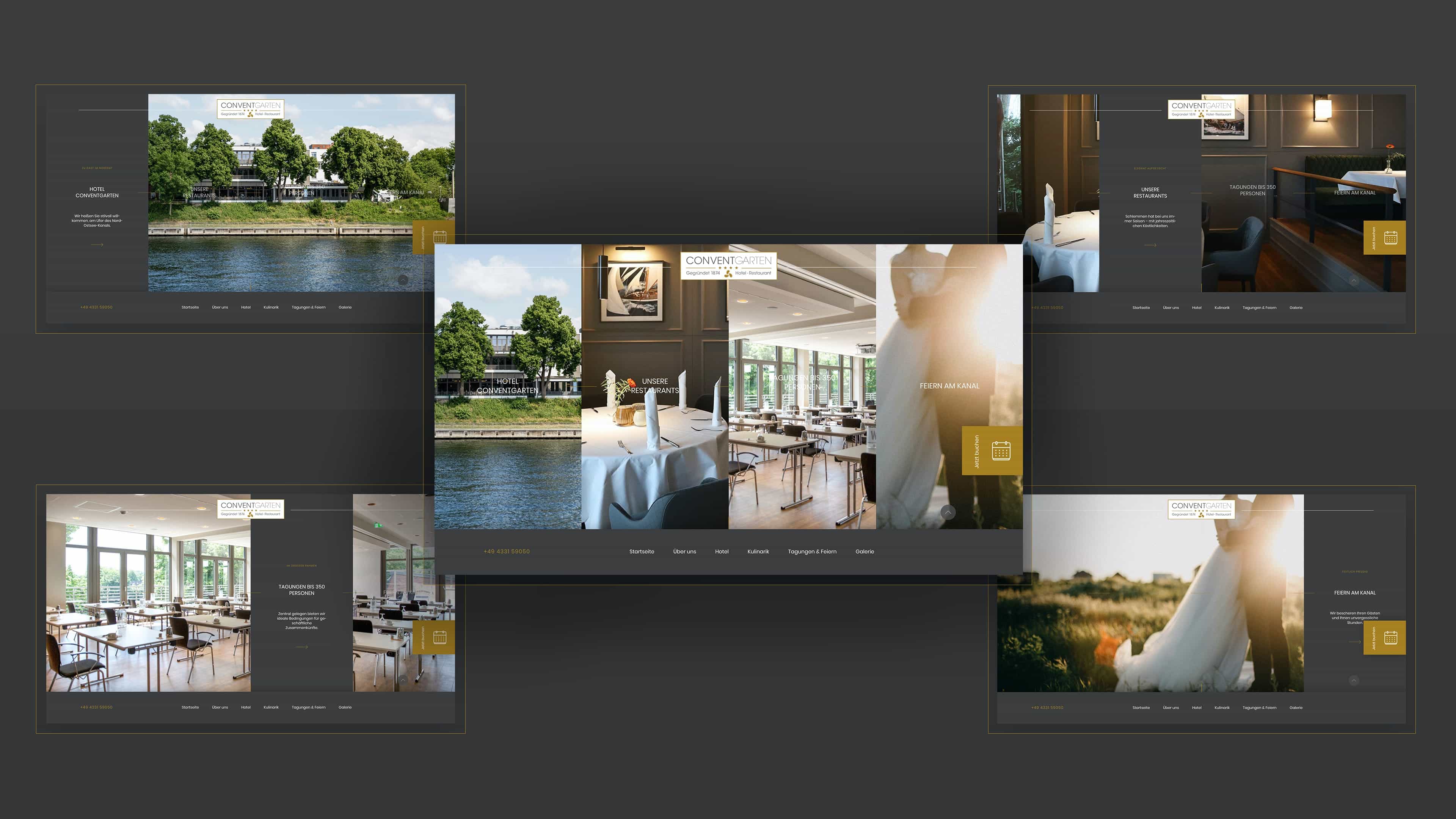 Collage mehrerer Ansichten der Website Hotel Conventgarten mit großen Innen- und Außenaufnahmen