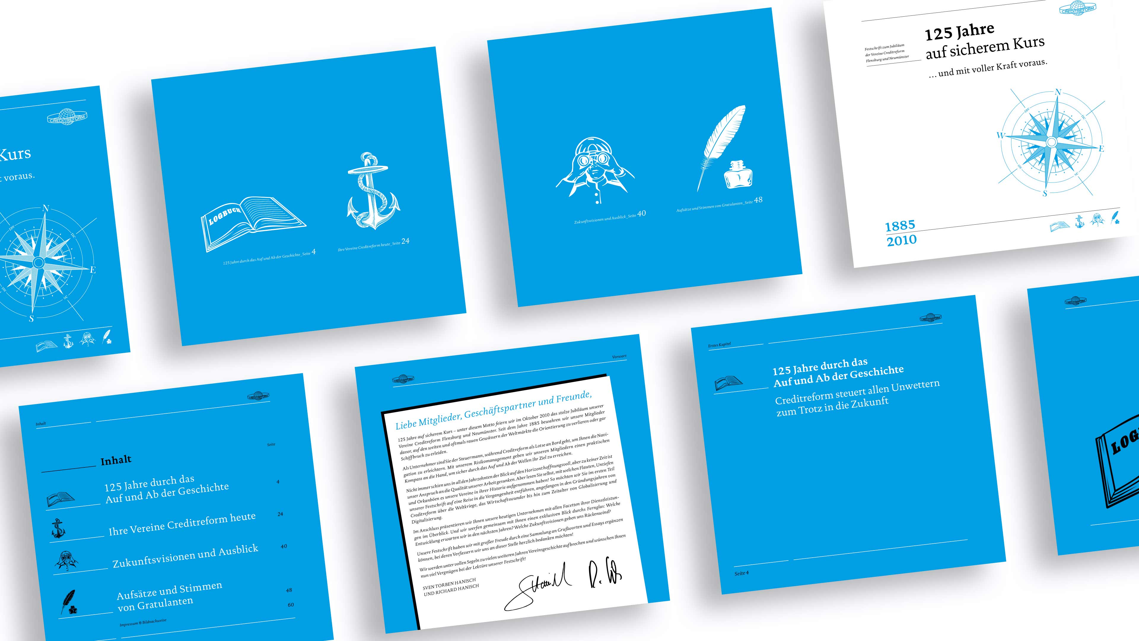 Collage mehrerer Seiten der blauen Broschüre für Creditreform mit weißen Grafiken