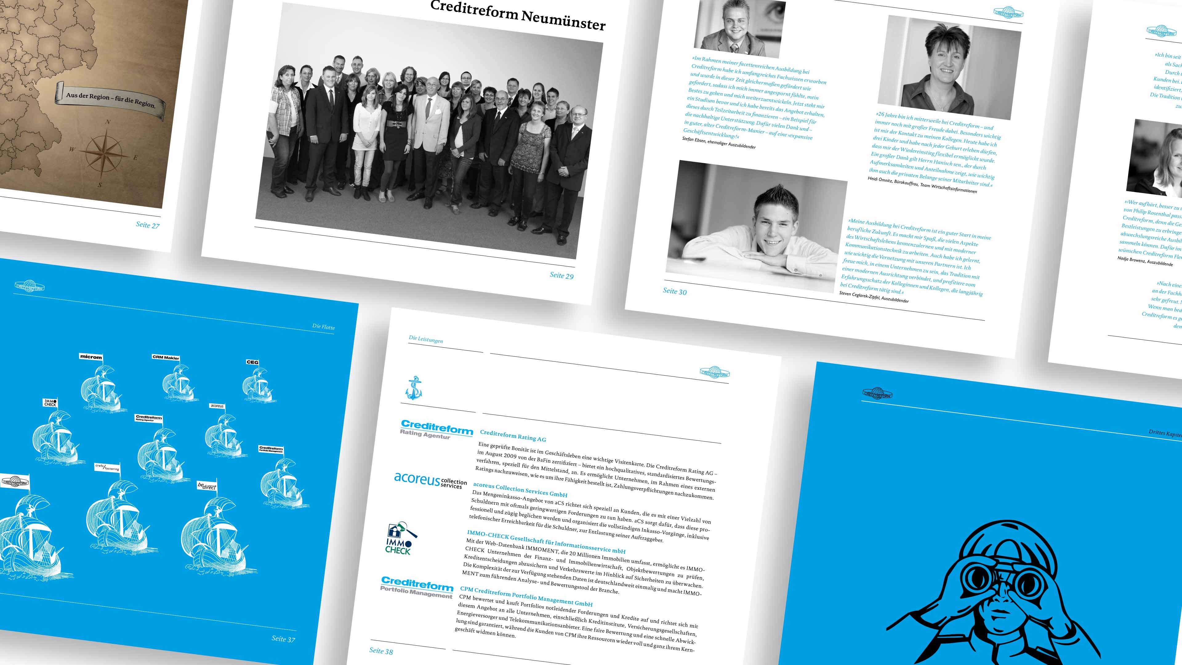 Collage mehrerer Seiten der blau-weißen Broschüre für Creditreform