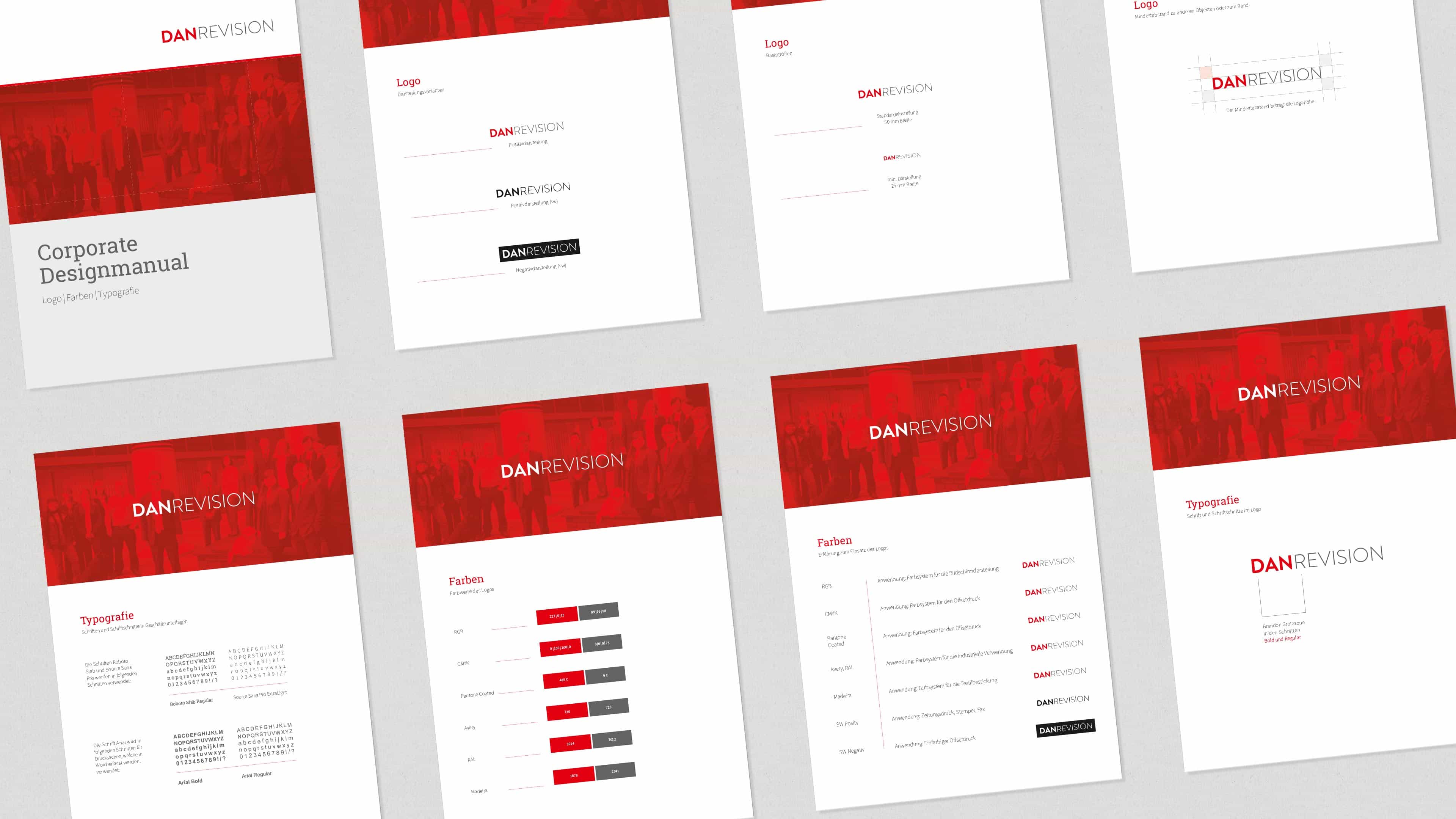 Collage mehrerer Seiten des Corporate Designmanuals von DANREVISION über Logo und Typographie