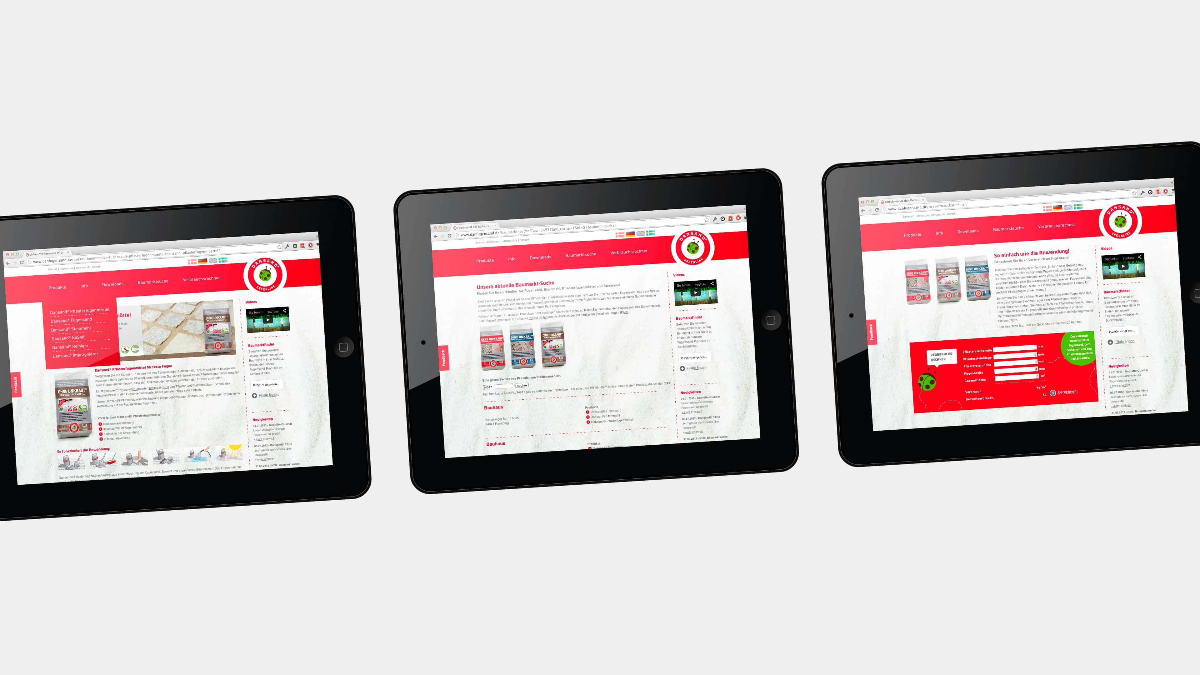 Drei Tablets zeigen rot-weiße Website für DANSAND