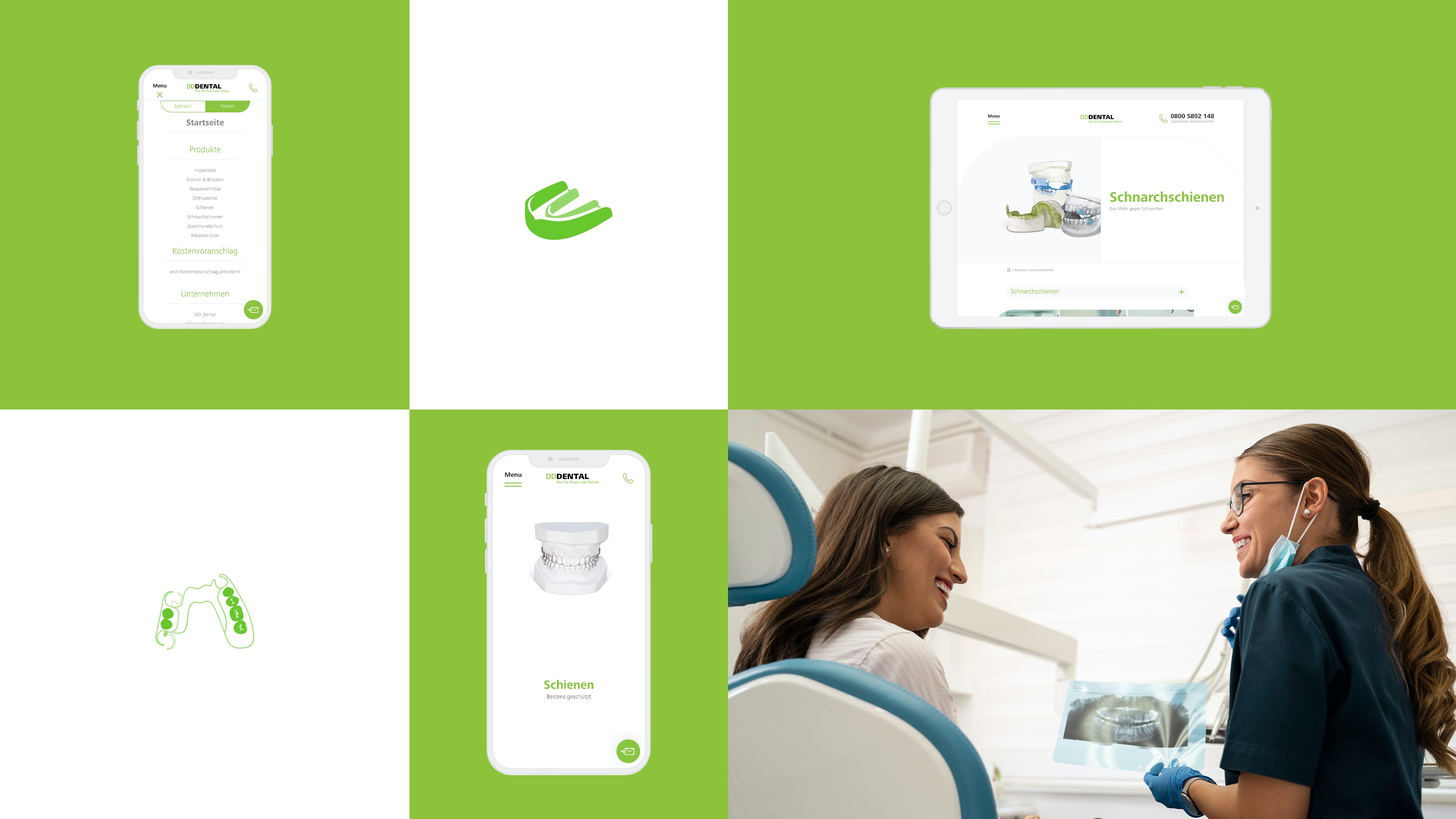 Collage mehrerer Websiteansichten von dd-dental auf Endgeräten vor grünem und weißen Hintergrund