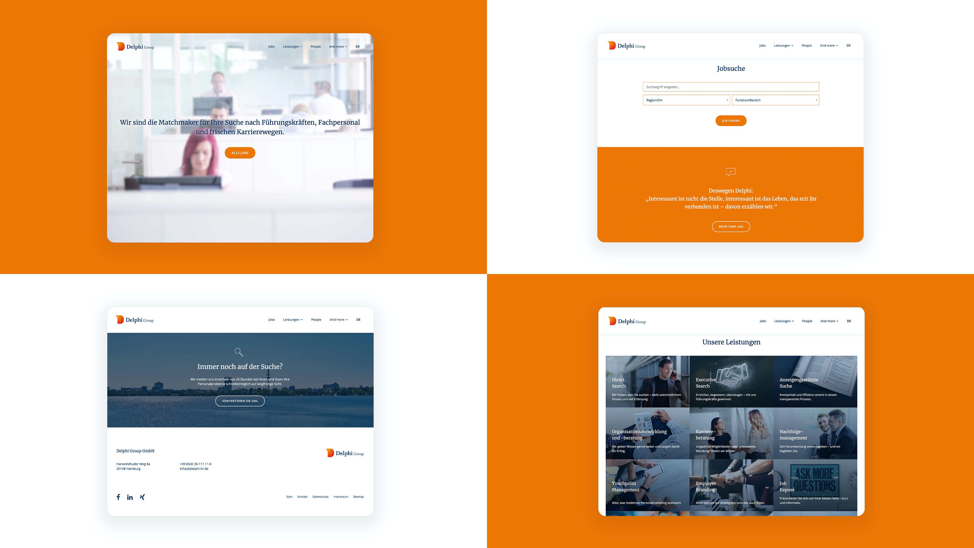 Collage von vier Screenshots der Website der Delphi Group auf orangenem und weißem Hintergrund