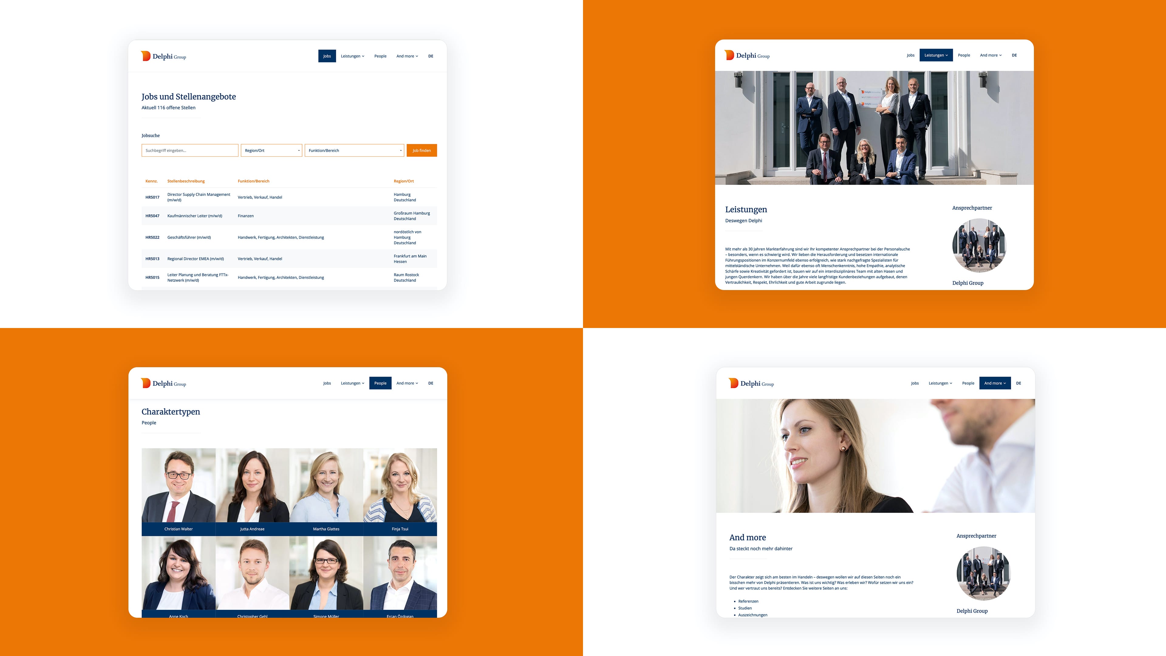 Collage von vier Screenshots der Website der Delphi Group auf weißem und orangenem Hintergrund