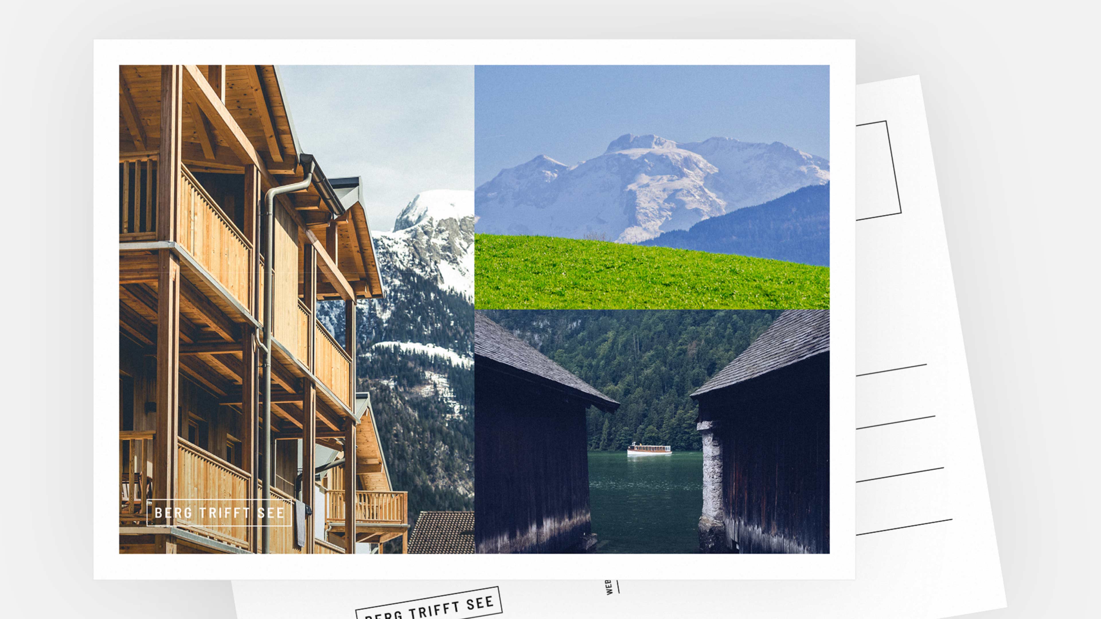 Postkarte mit idyllischen Bergaufnahmen und Holzbalkonen