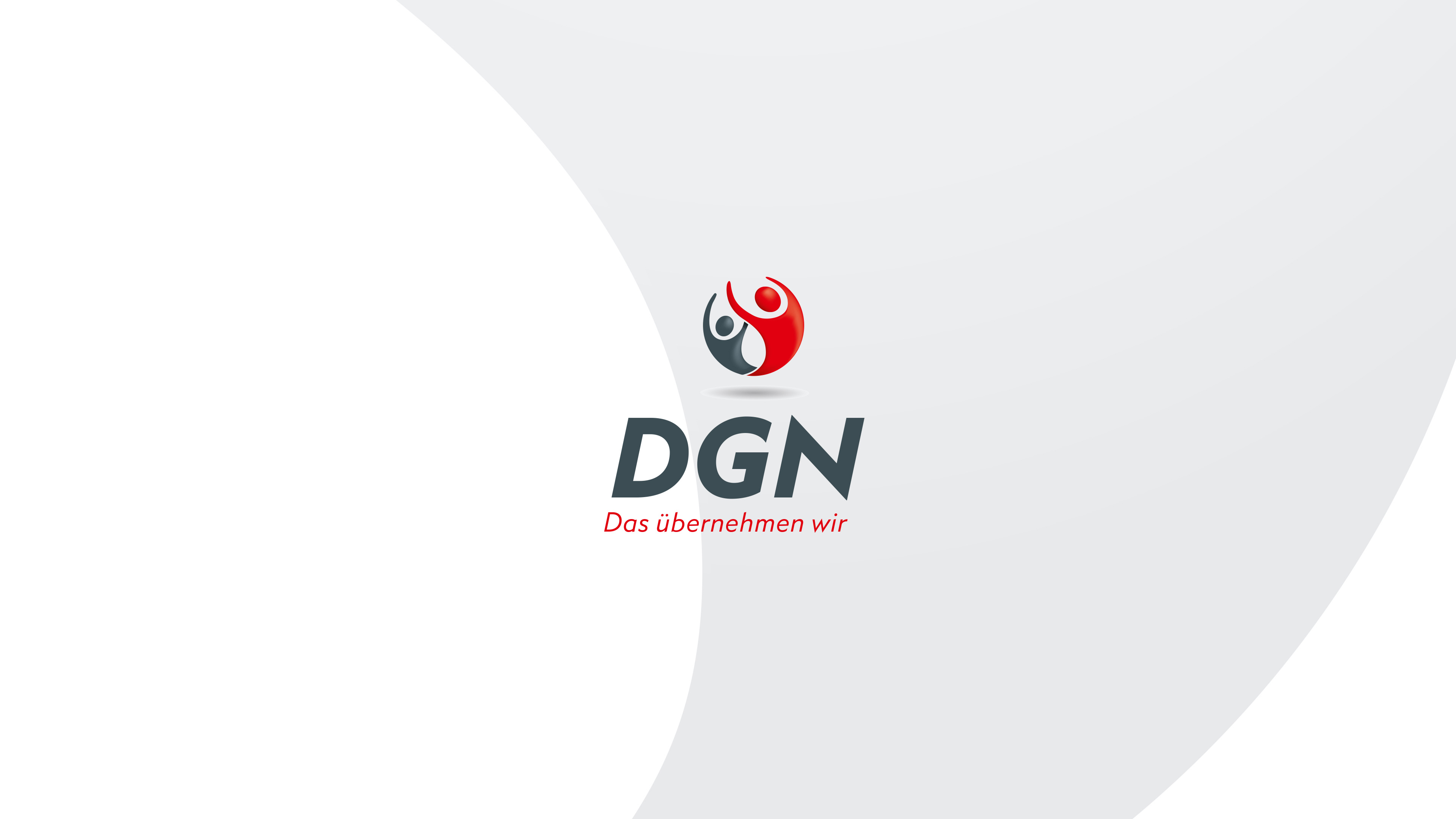 Logo von DGN mit Schriftzug "Das übernehmen wir" und zwei Silhouetten in Grau und Rot