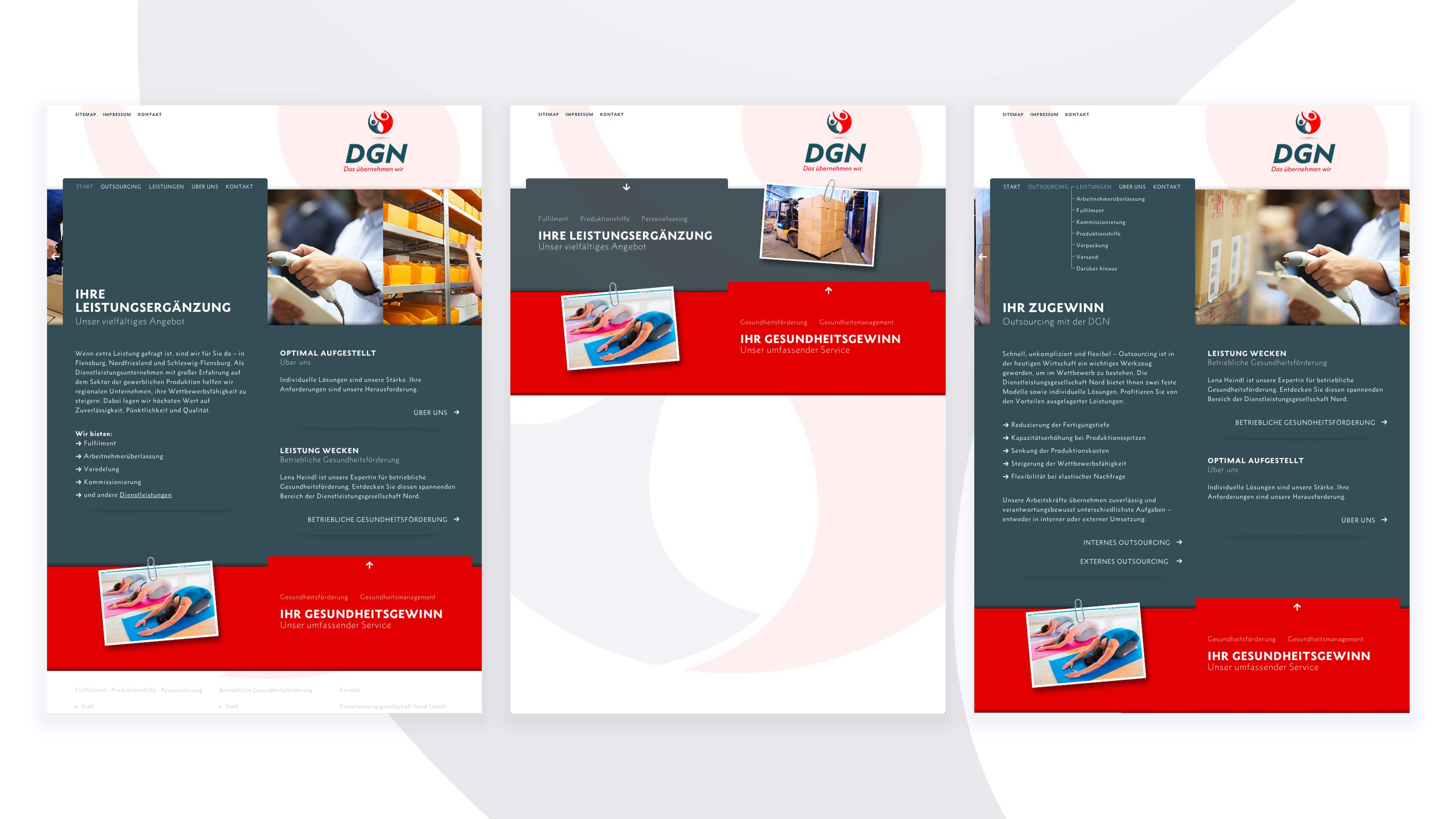 Drei Ansichten der Website für DGN in grau und rot