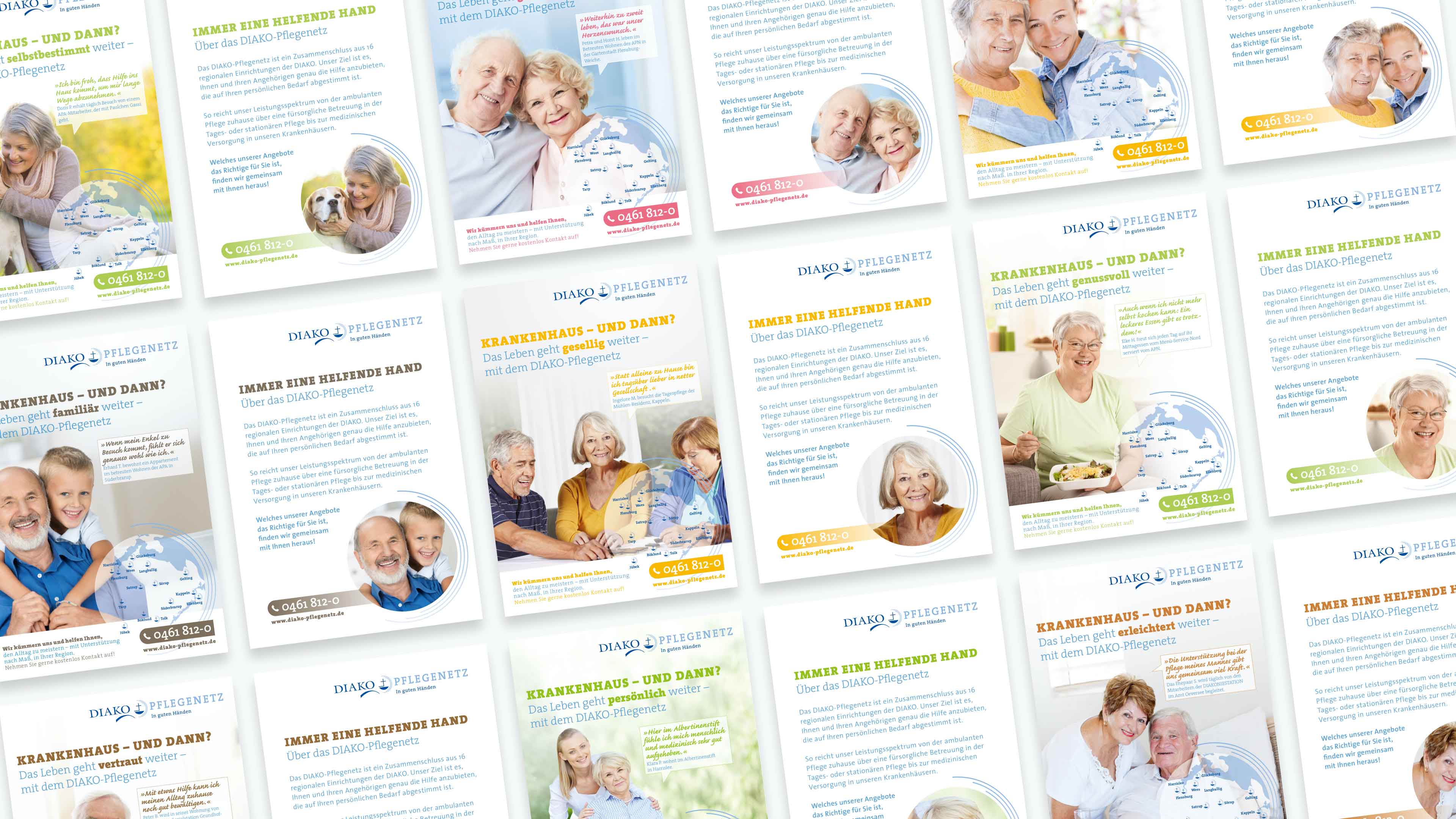 Collage ganz vieler Ansichten verschiedener Anzeigen für das Diako Pflegenetz