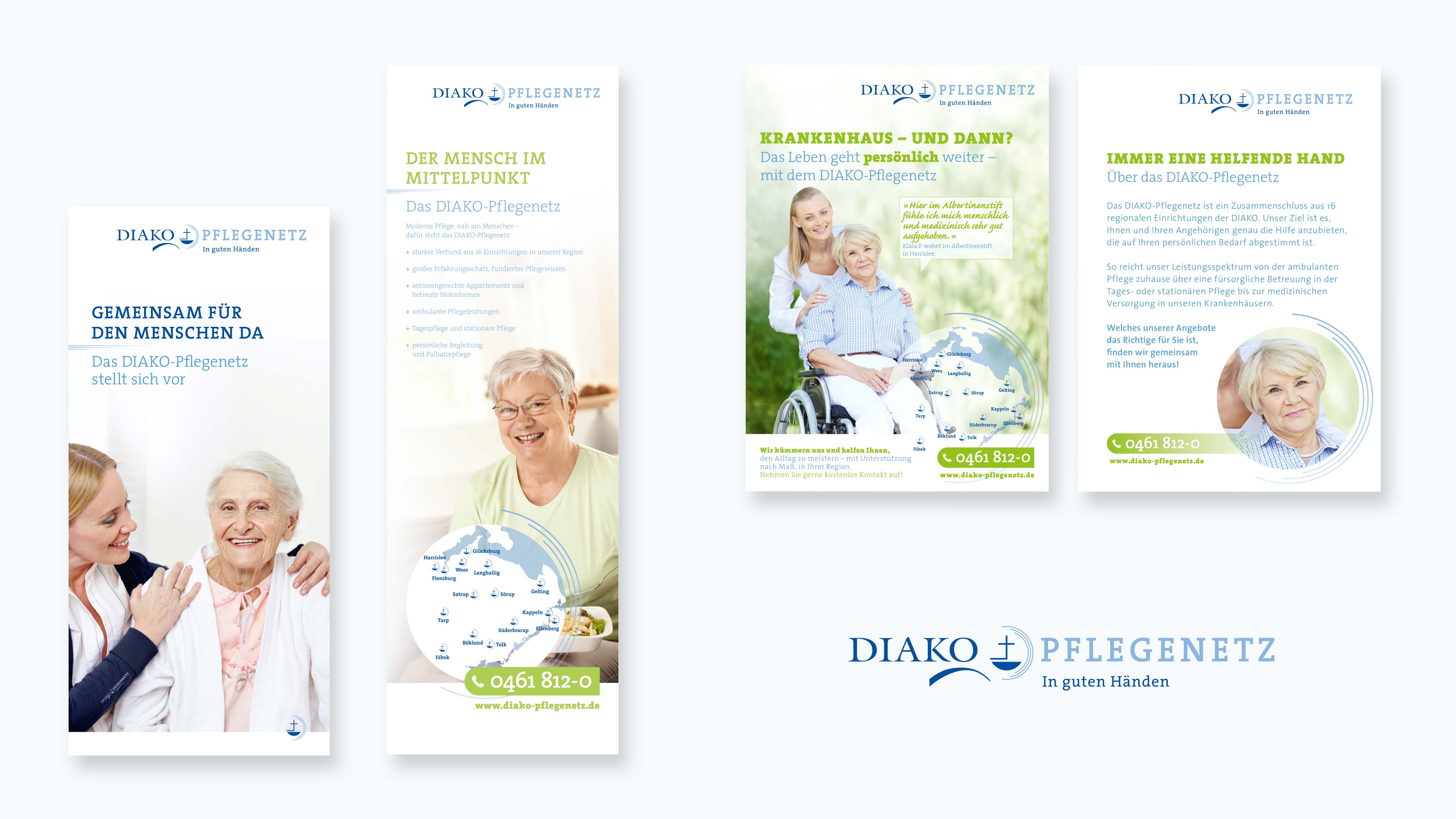 Collage mehrerer Anzeigen oder Titel für das Diako Pflegenetz