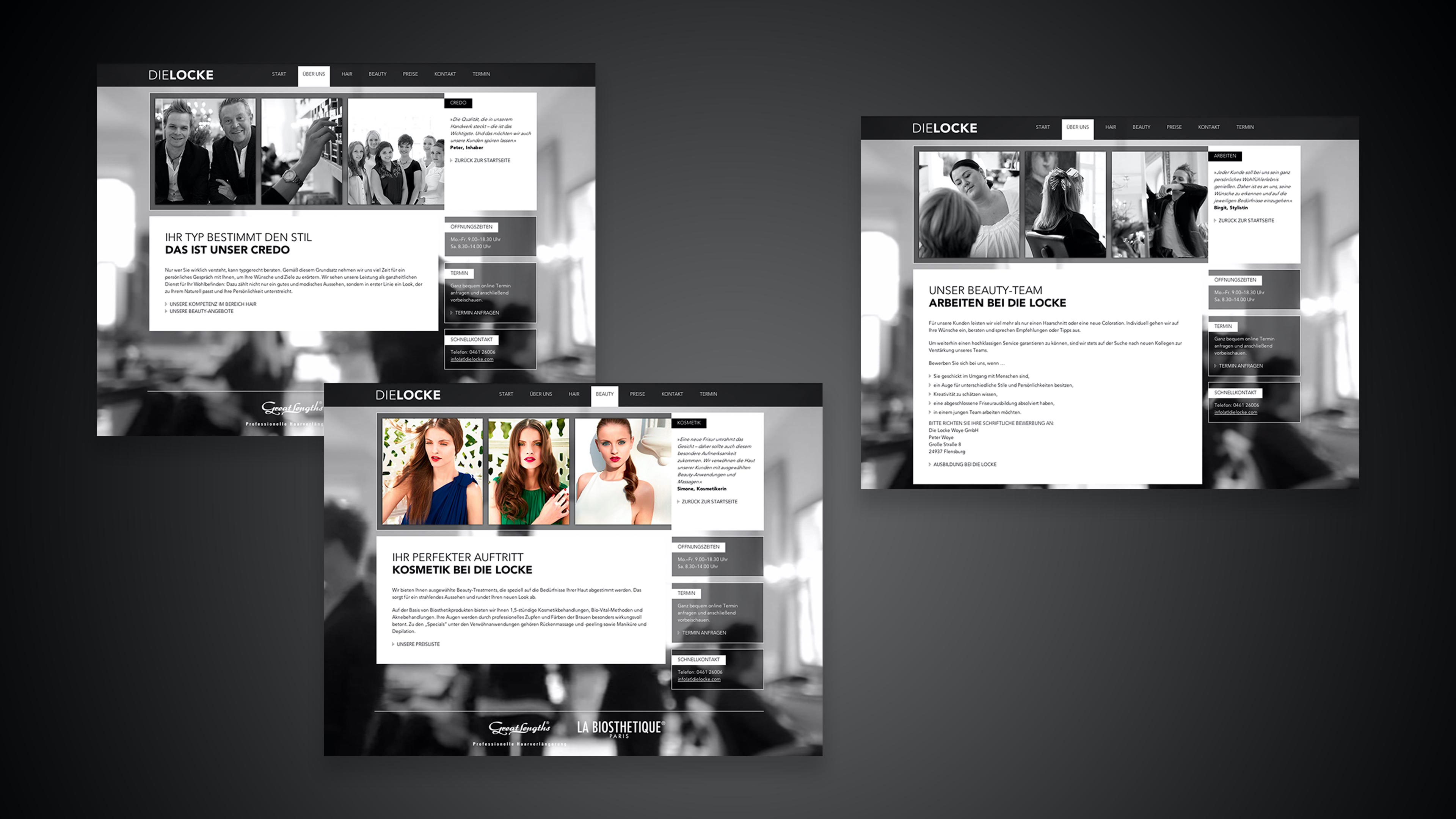 Drei Screenshots der Website dielocke.com vor schwarzem Hintergrund