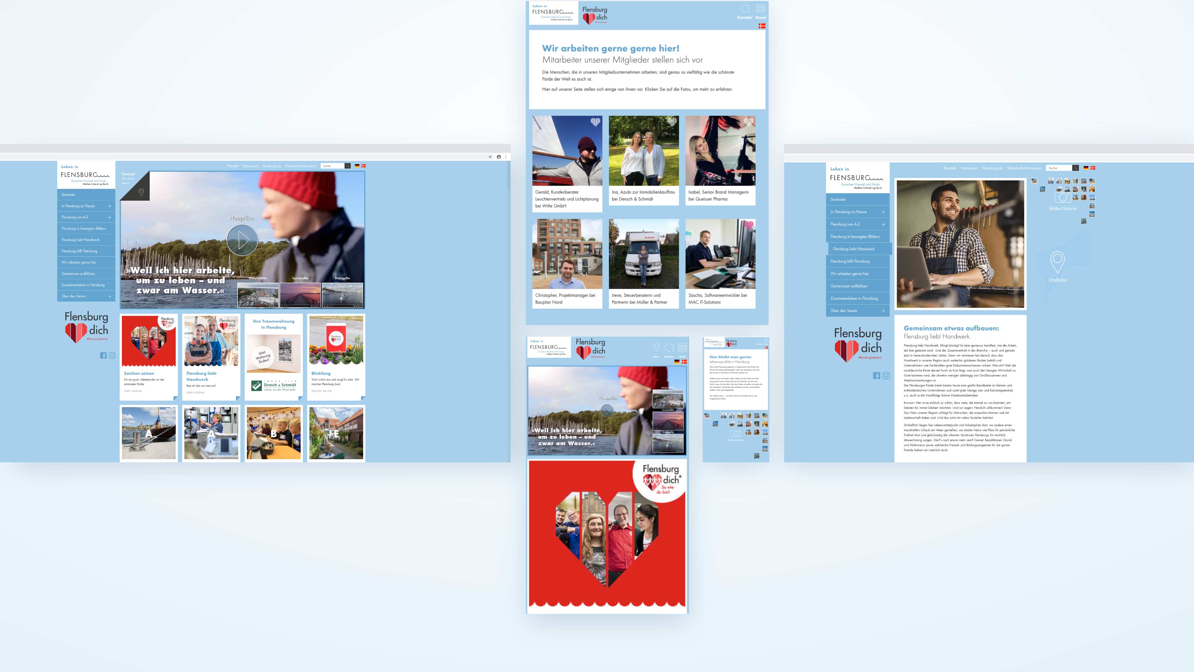Collage mehrerer Screenshots der hellblauen Website flensburg-liebt-dich.de mit vielen Bildkacheln
