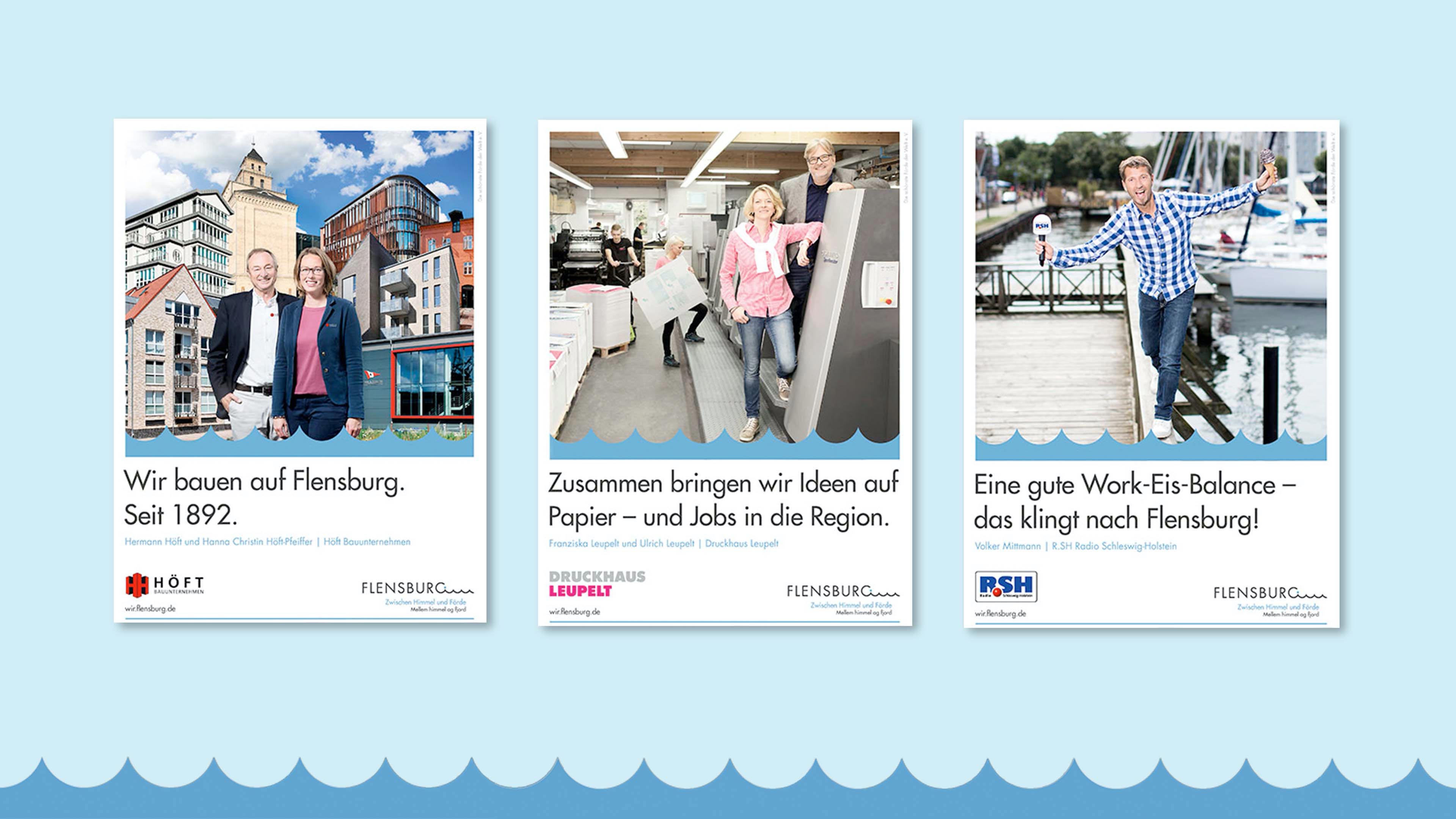 Drei Bilder der Flensburg-Kampagne zeigen je verschiedene Geschäftspersonen mit Firmen- und Flensburglogo und Texten