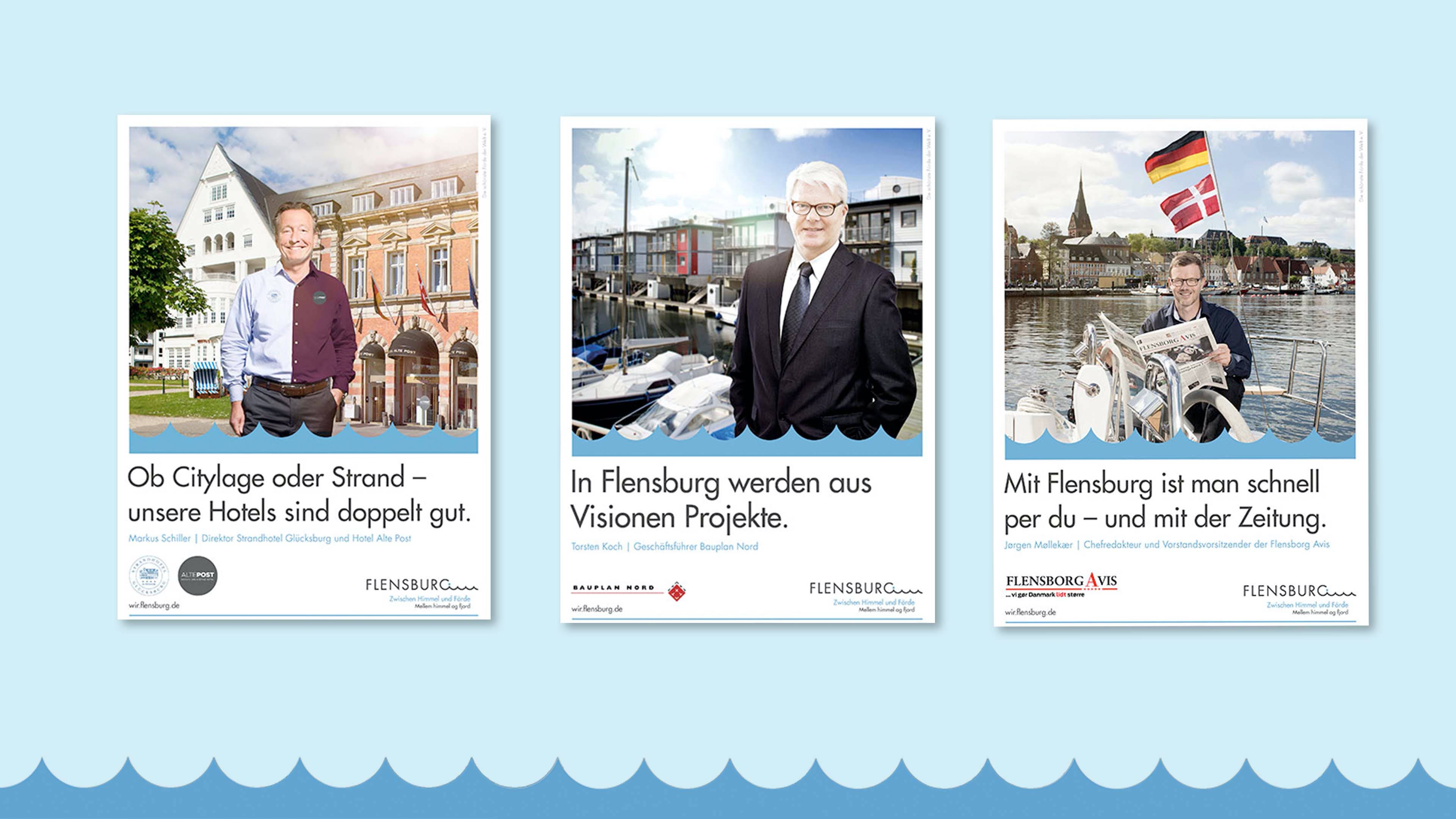 Drei Bilder der Flensburg-Kampagne zeigen je Geschäftsführer, mit Firmen- und Flensburglogo und Texten