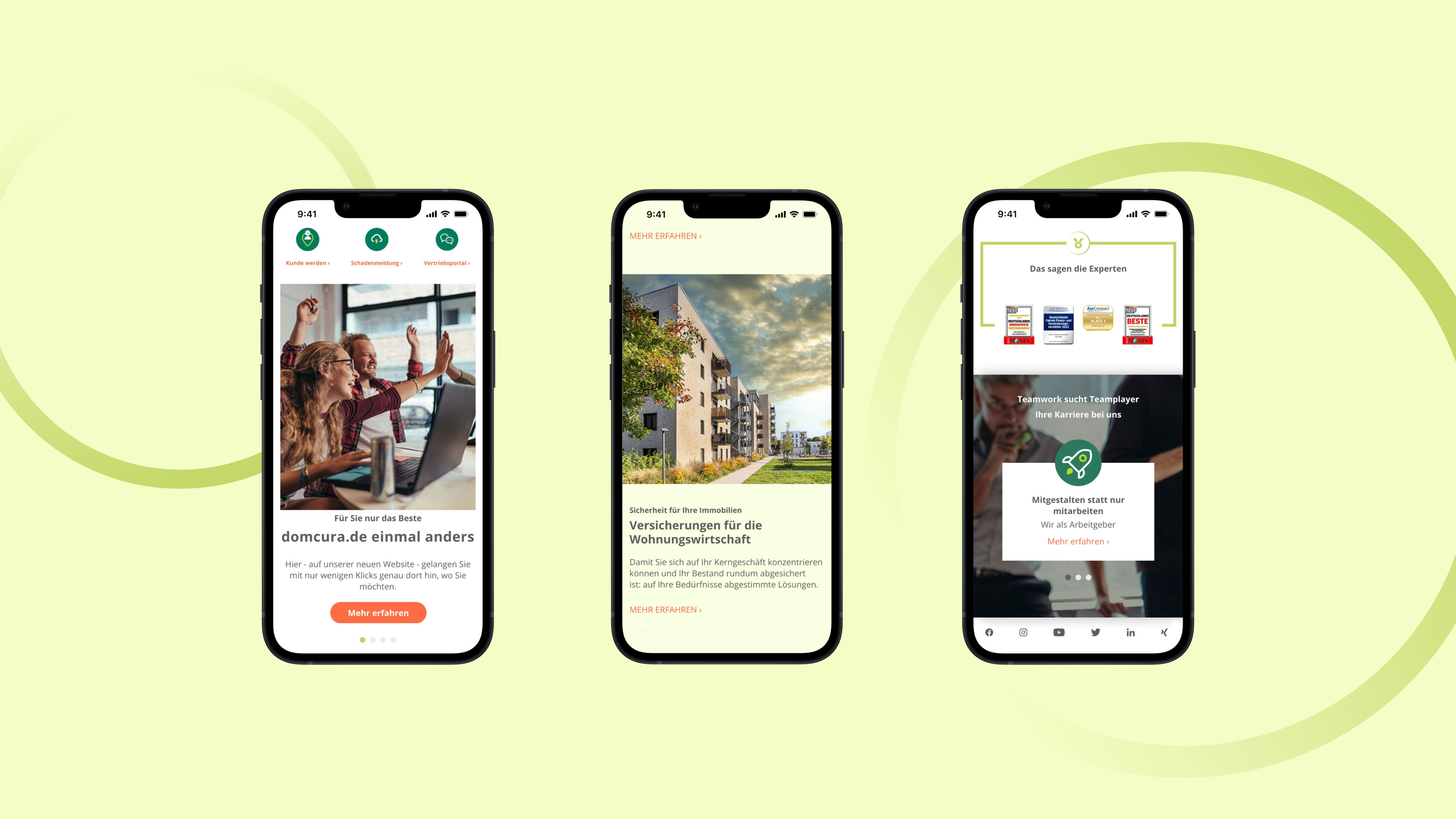Drei Smartphones zeigen die hellgrüne Website von Domcura