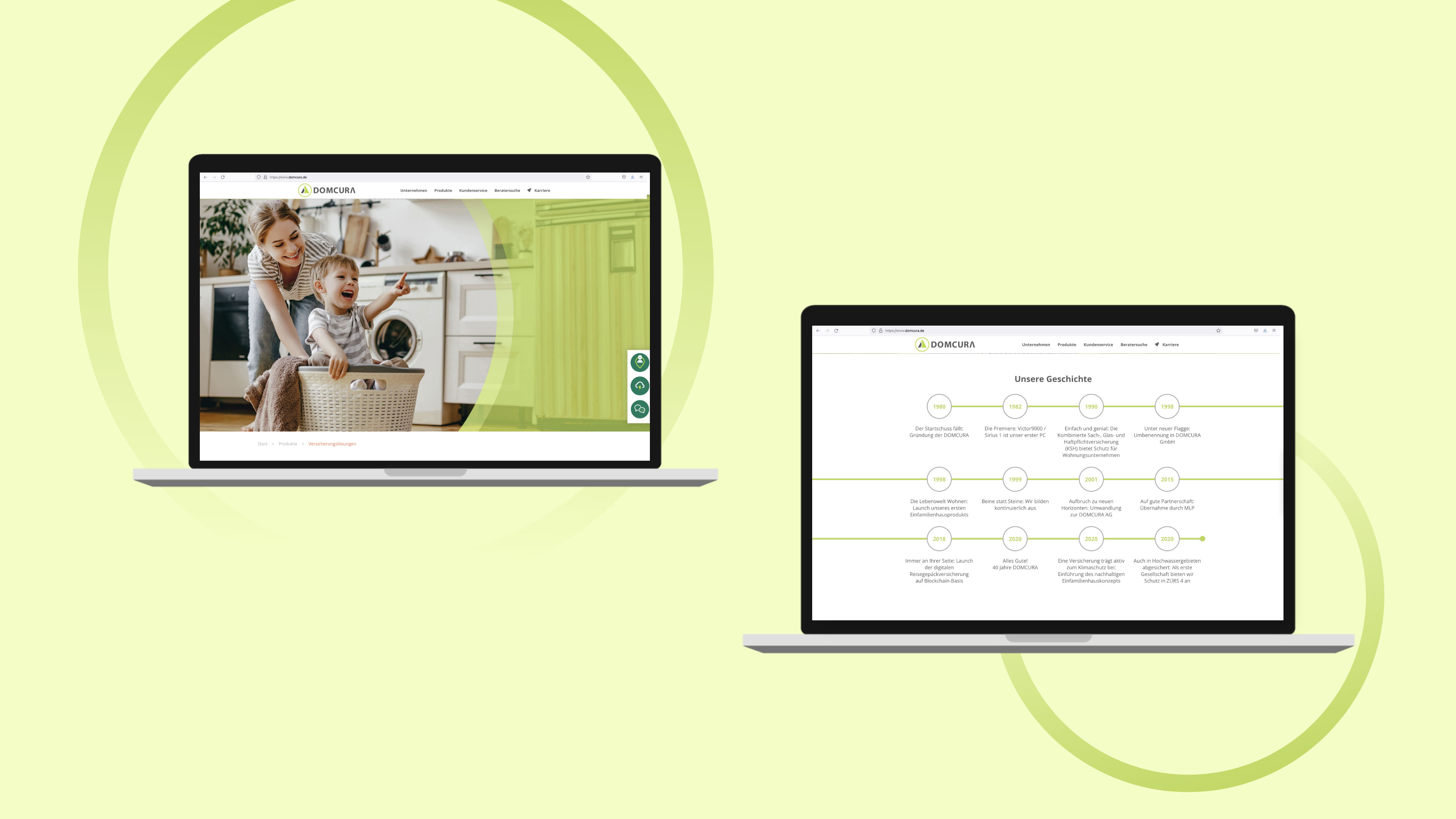 Zwei Laptops zeigen die hellgrüne Website von Domcura vor hellgrünem Hintergrund