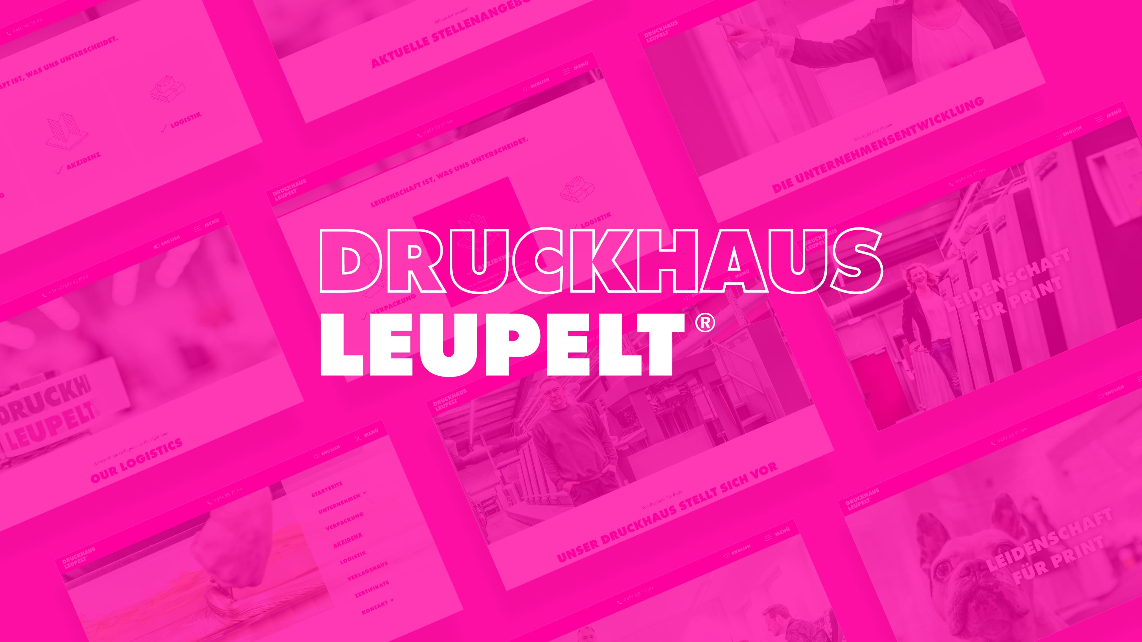 Rechteckiges Bild mit weißen Blockbuchstaben "Druckhaus Leupelt" vor pink-transparentem Hintergrund