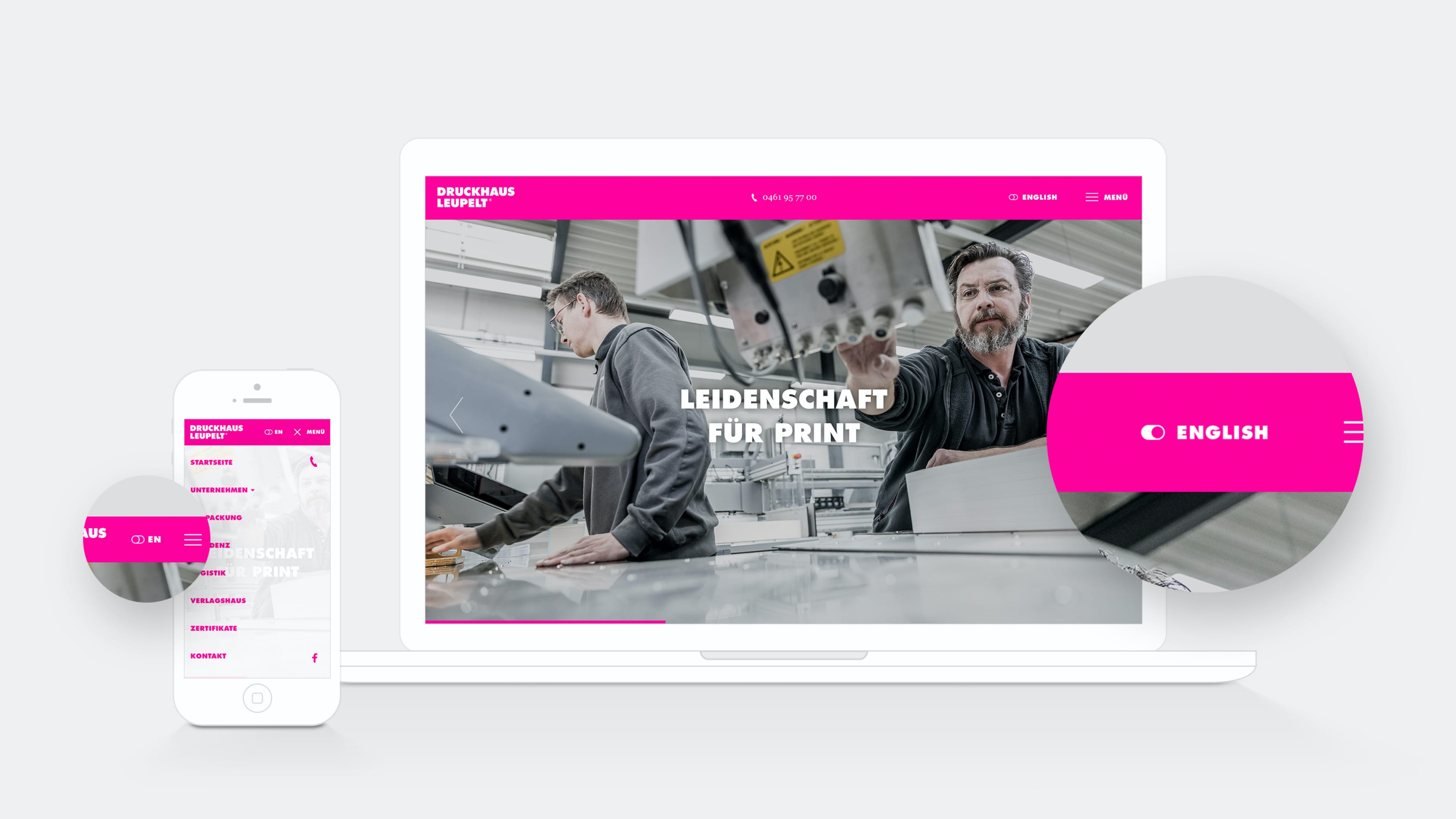 Laptop und Smartphone zeigen pink-schwarz-weiße Website des Druckhaus Leupelt