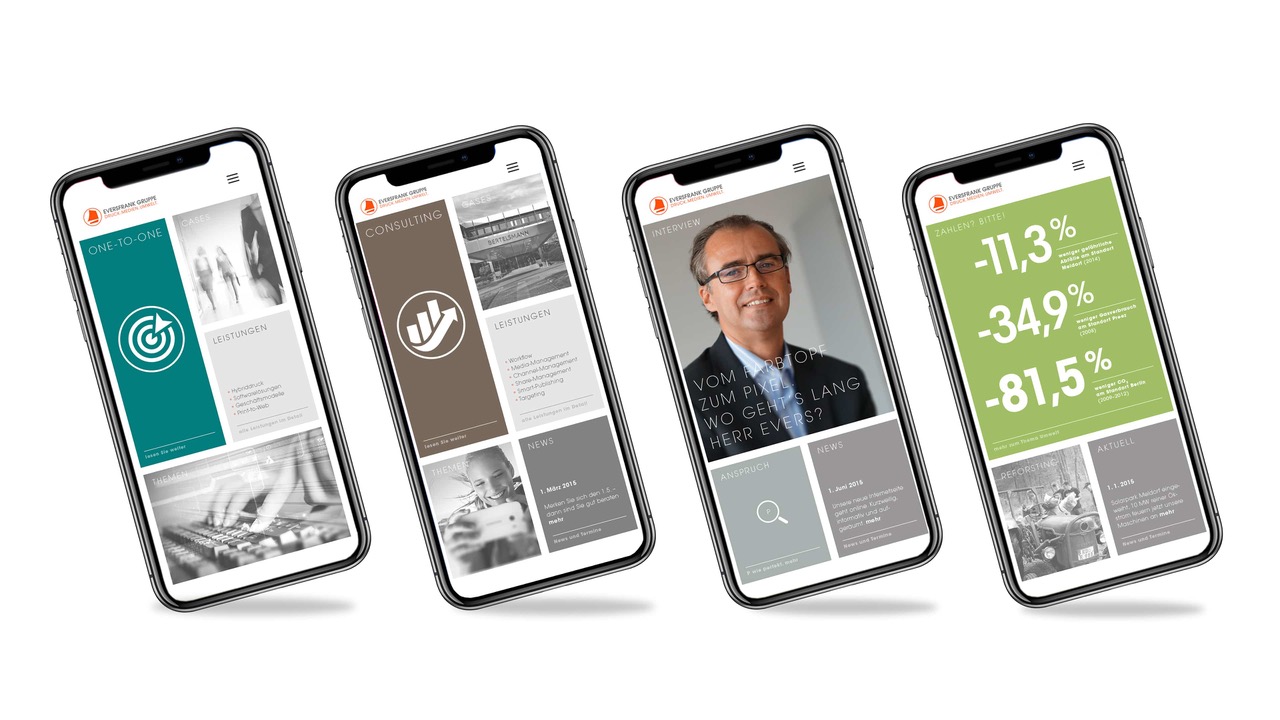 Vier Smartphones zeigen Website der Eversfrank Gruppe