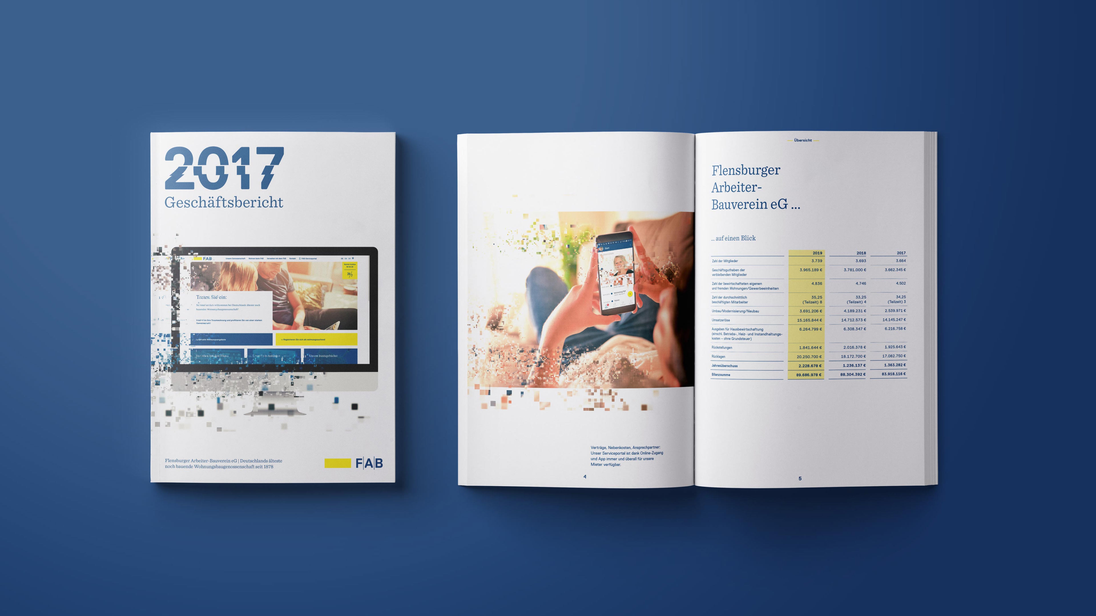 Geschäftsbericht 2017: Titelblatt und Doppelseite mit Fakten zum FAB