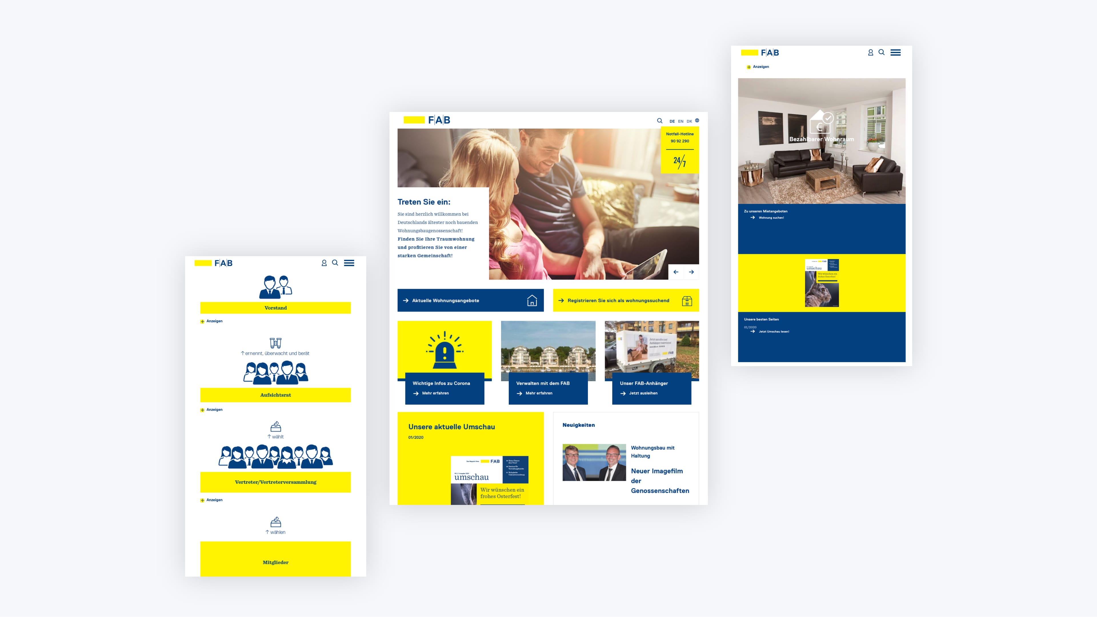 Drei Ansichten der Website des FAB mit blauen und gelben Teasern und Balken