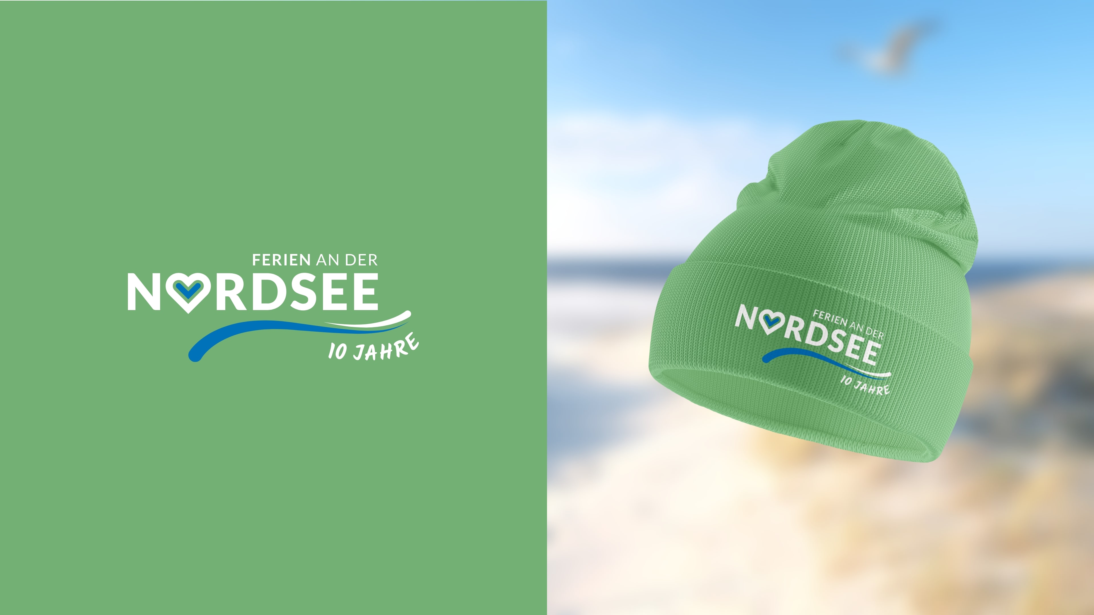 Zweigeteiltes Bild: links Logo "Ferien an der Nordsee vor grünem Hintergrund, rechts grüne Mütze mit Logo
