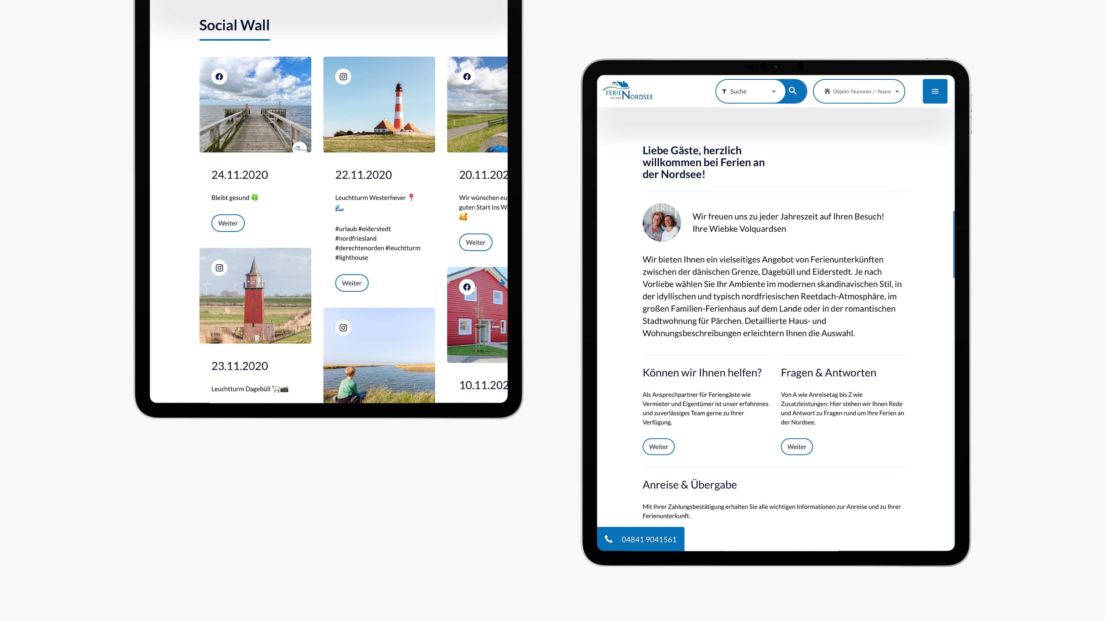 Zwei Tablets zeigen Website von Ferien an der Nordsee 