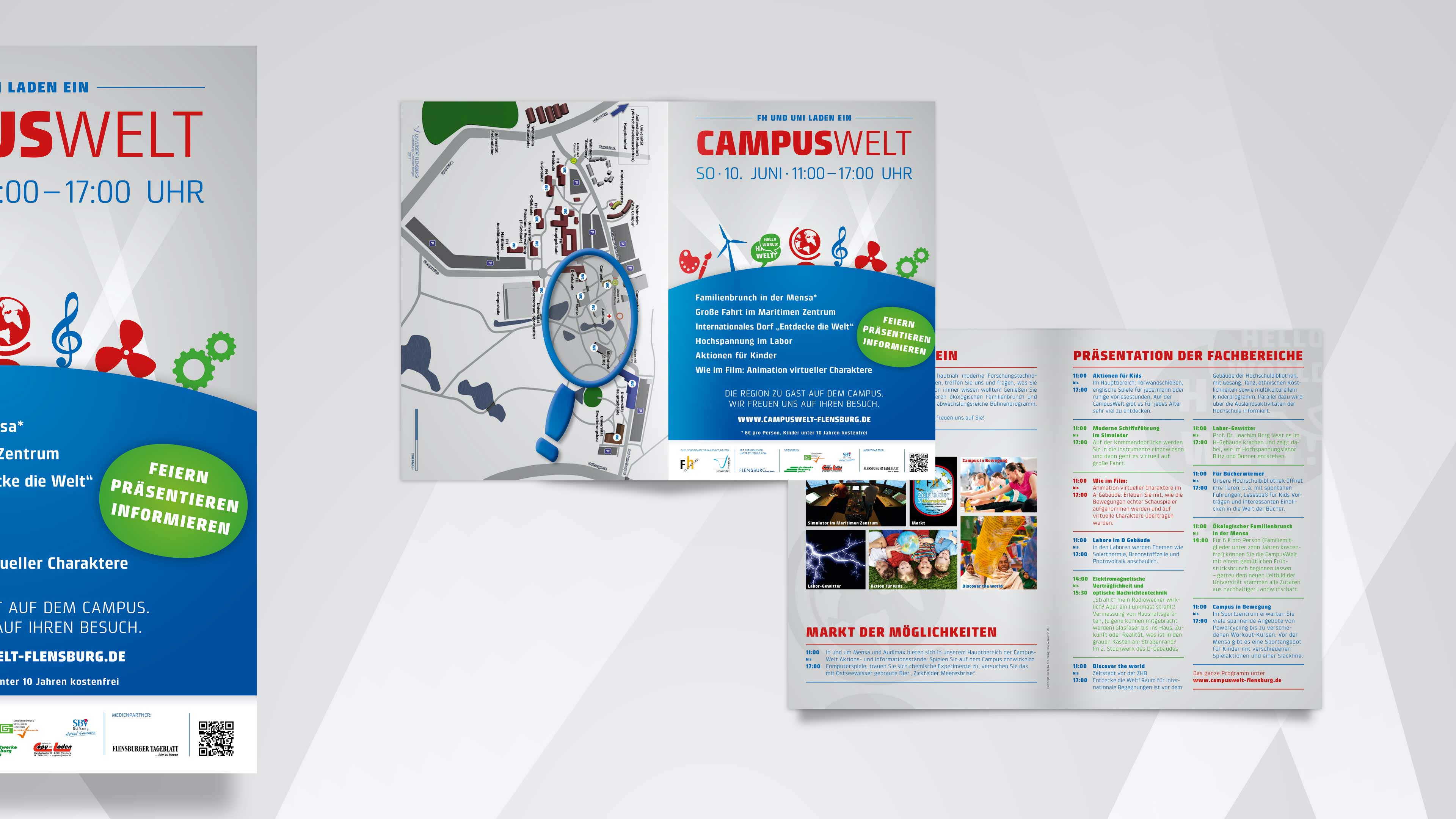 Collage des Flyers "Campuswelt" mit blauer Grafik und Infos