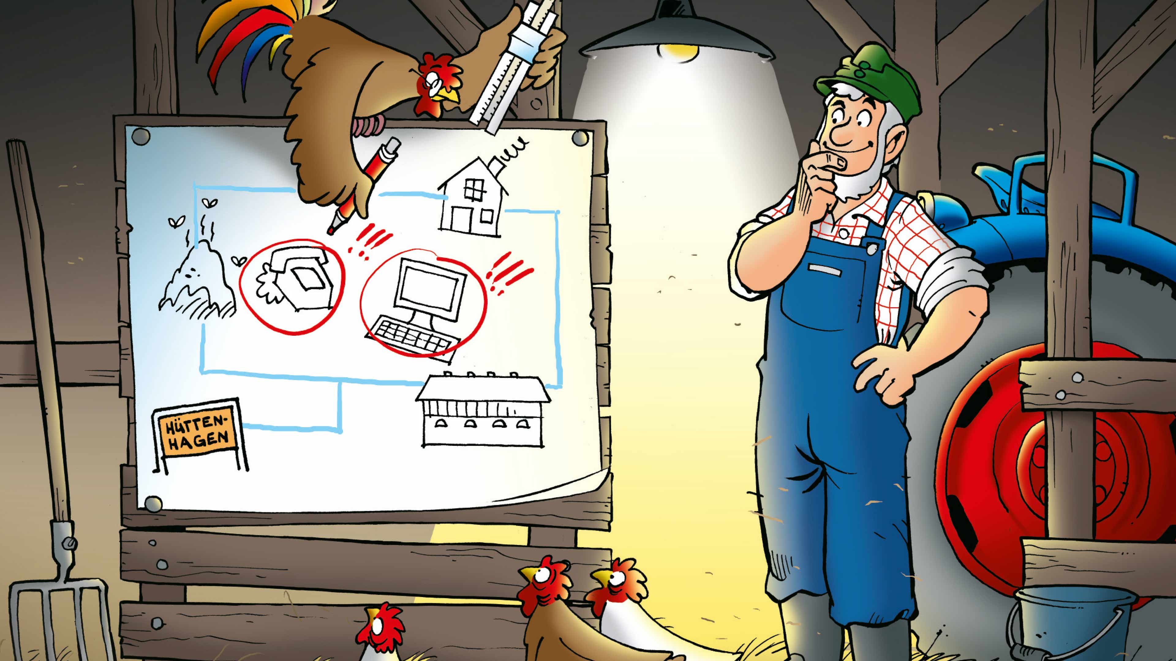 Comicfigur Fiete Netwark lässt sich im Hühnerstall etwas erklären