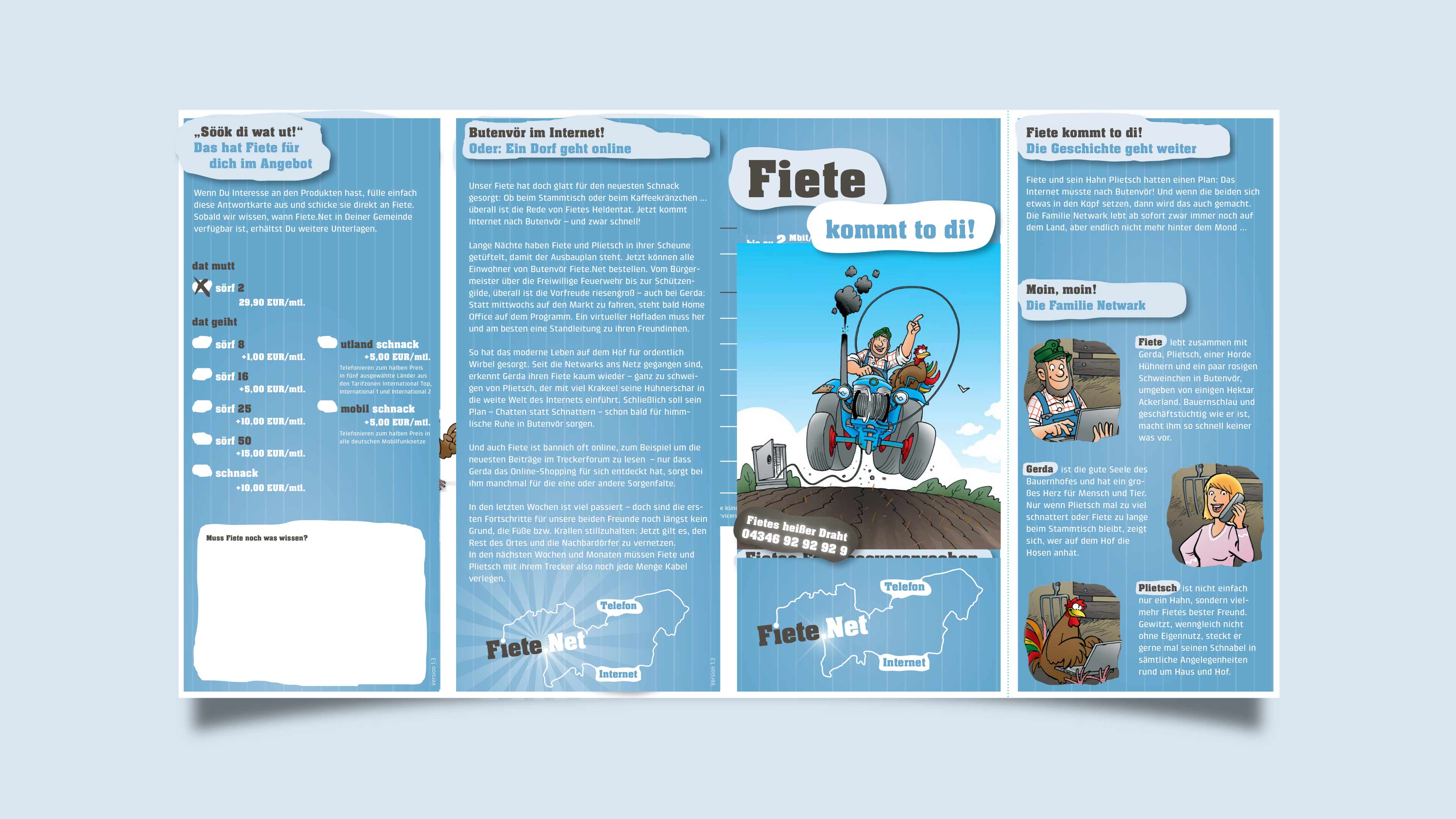 Blauer Din-Lang-Flyer mit Comicfigur Fiete und Infos