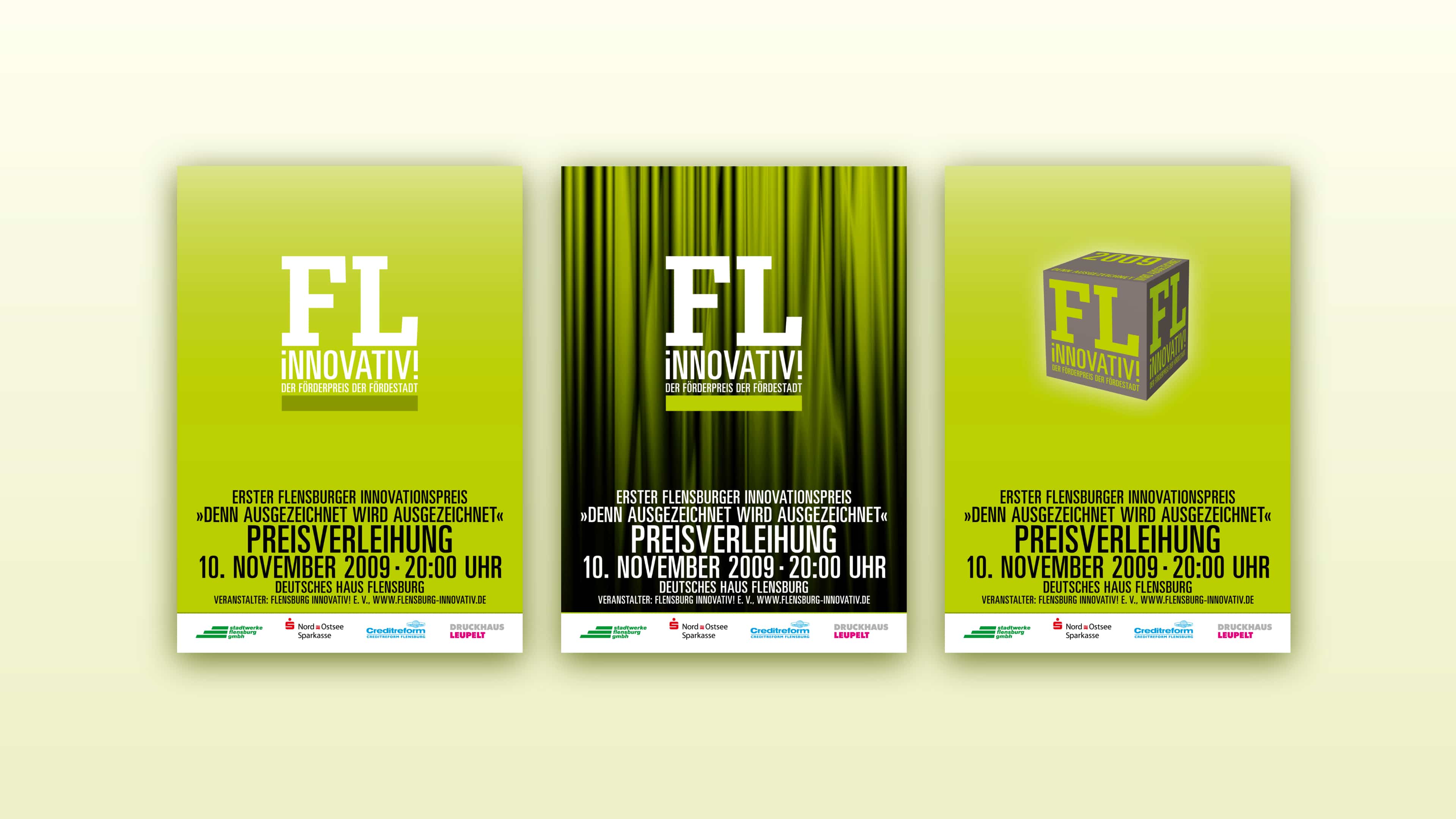 Drei unterschiedliche grüne Plakate für "FL innovativ! Der Förderpreis der Fördestadt"