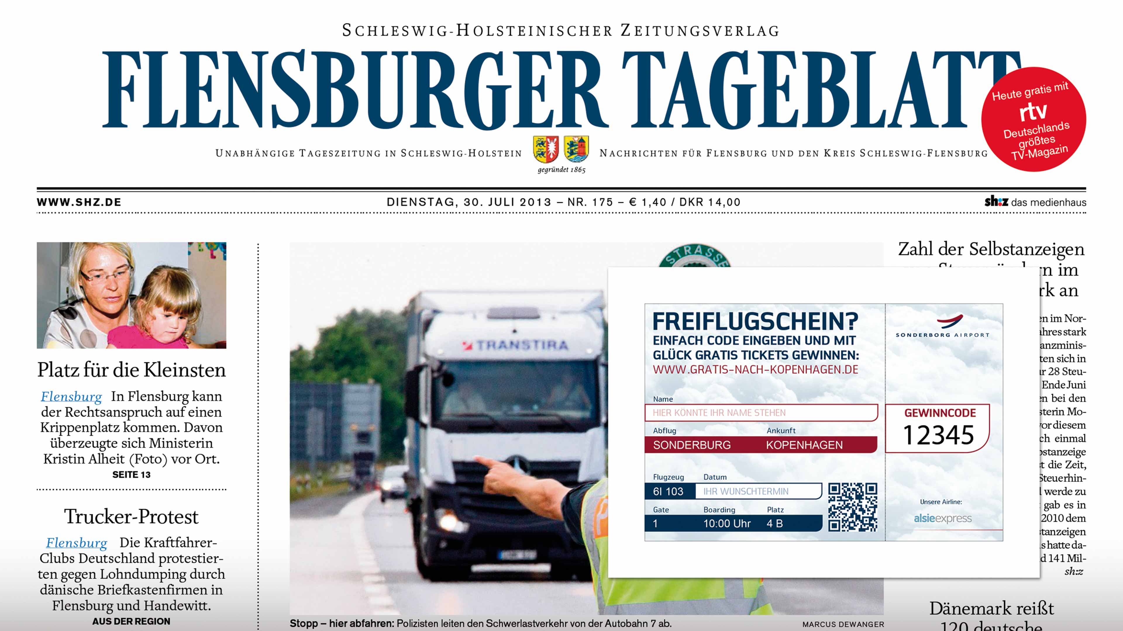 Aufkleberanzeige "Freiflugschein für Airport Sonderburg" auf Flensburg Tageblatt