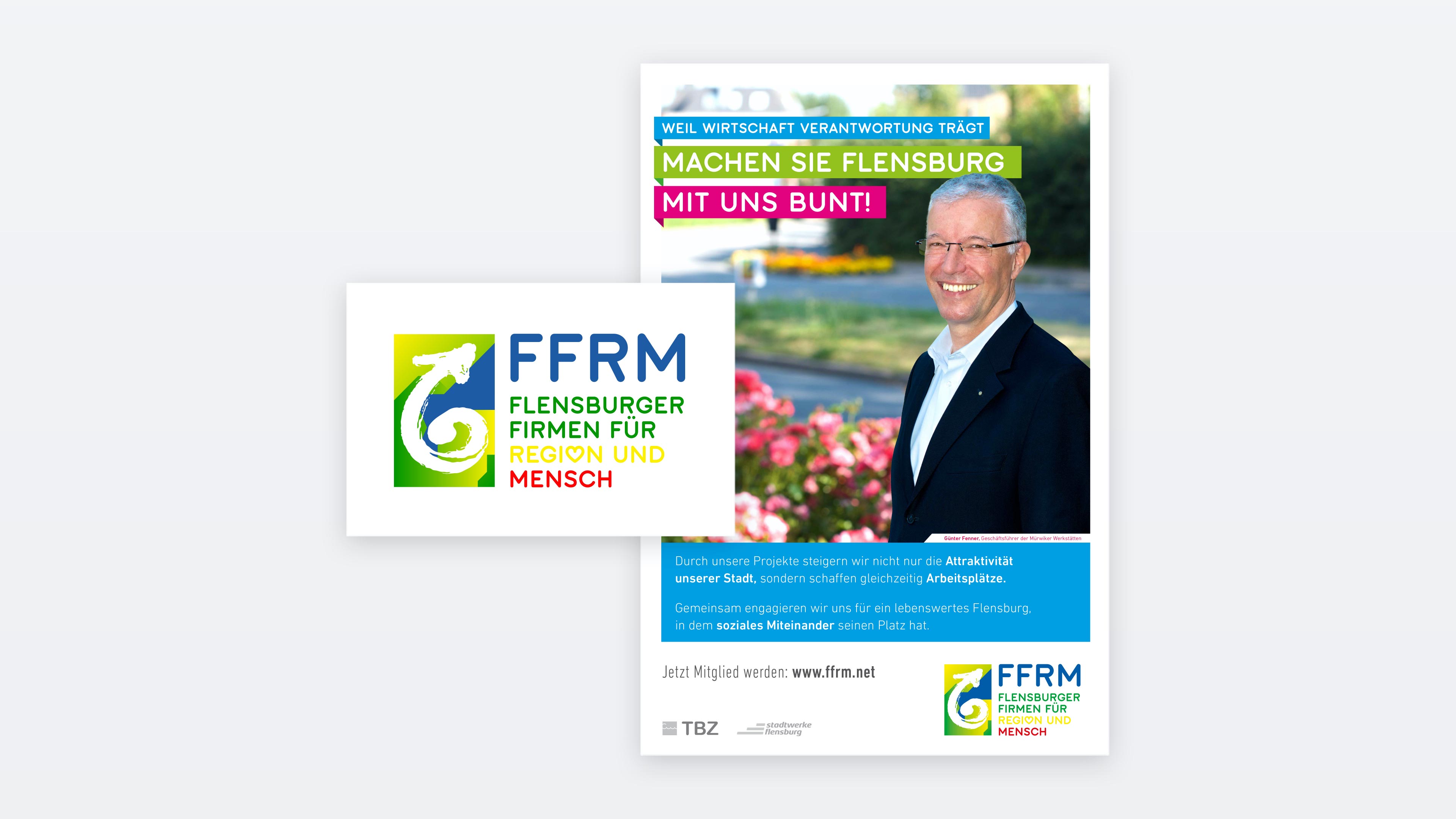 Logo und FFRM-Kampagne "Wir machen Flensburg bunt"