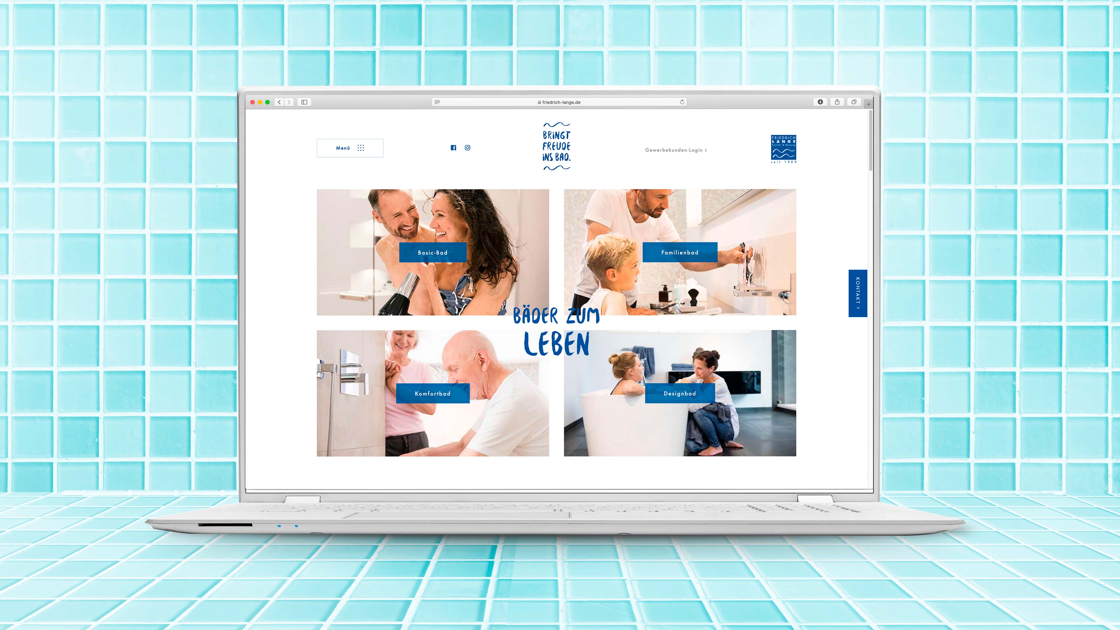 Laptop zeigt Website friedrich-lange.de mit Badfotos und Text "Bäder zum Leben"