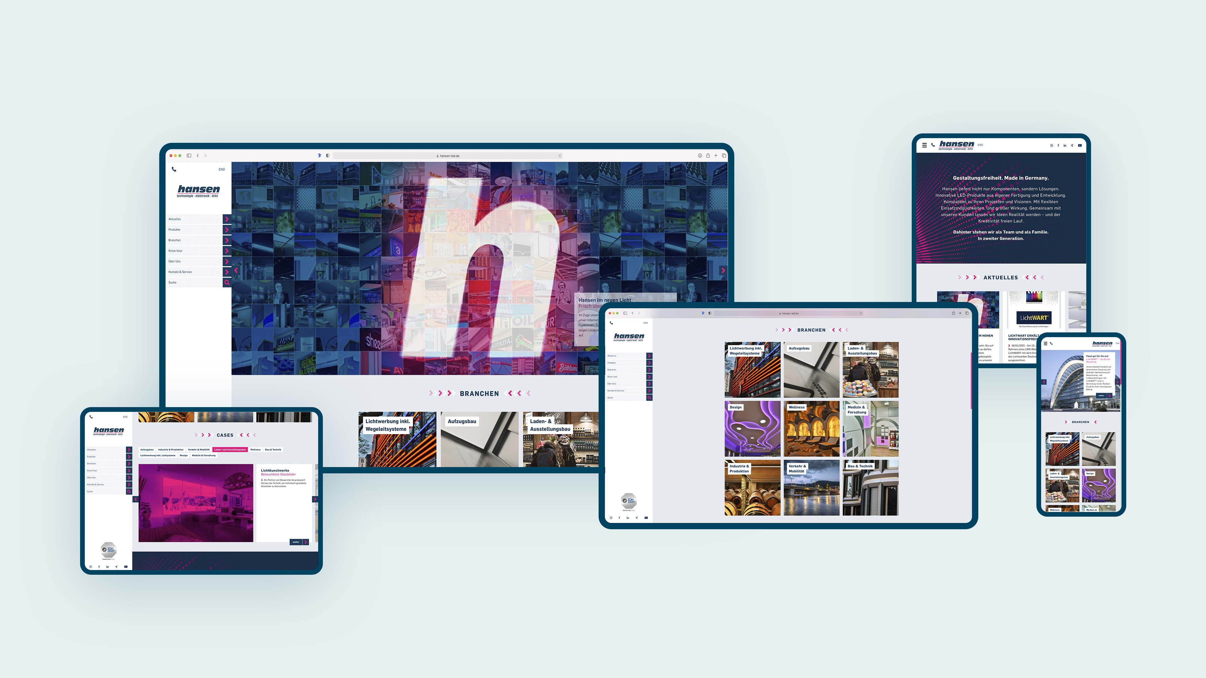 Fünf Hansen LED Homepages in verschiedenen digitalen Ansichten