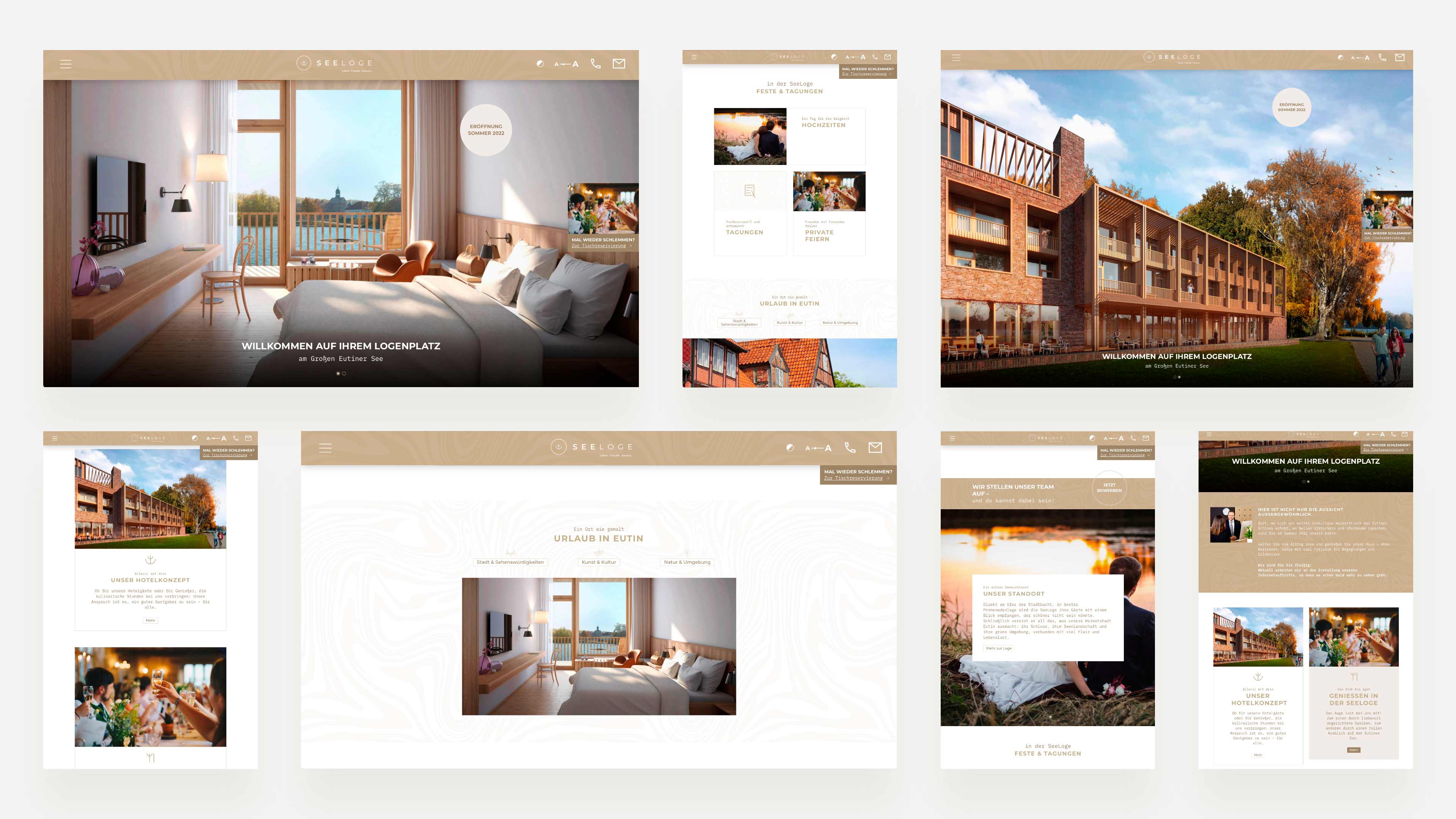 Sieben Unterseiten der Homepage des Hotels Seeloge