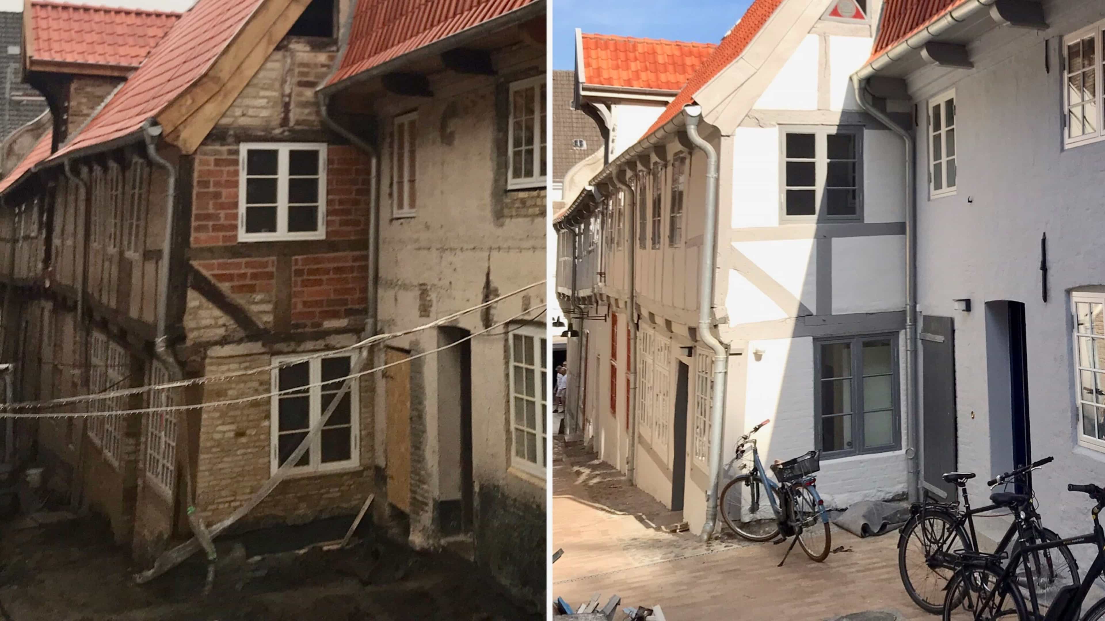 Ein vorher nachher Bild eines renovierten Hinterhofes in Flensburg