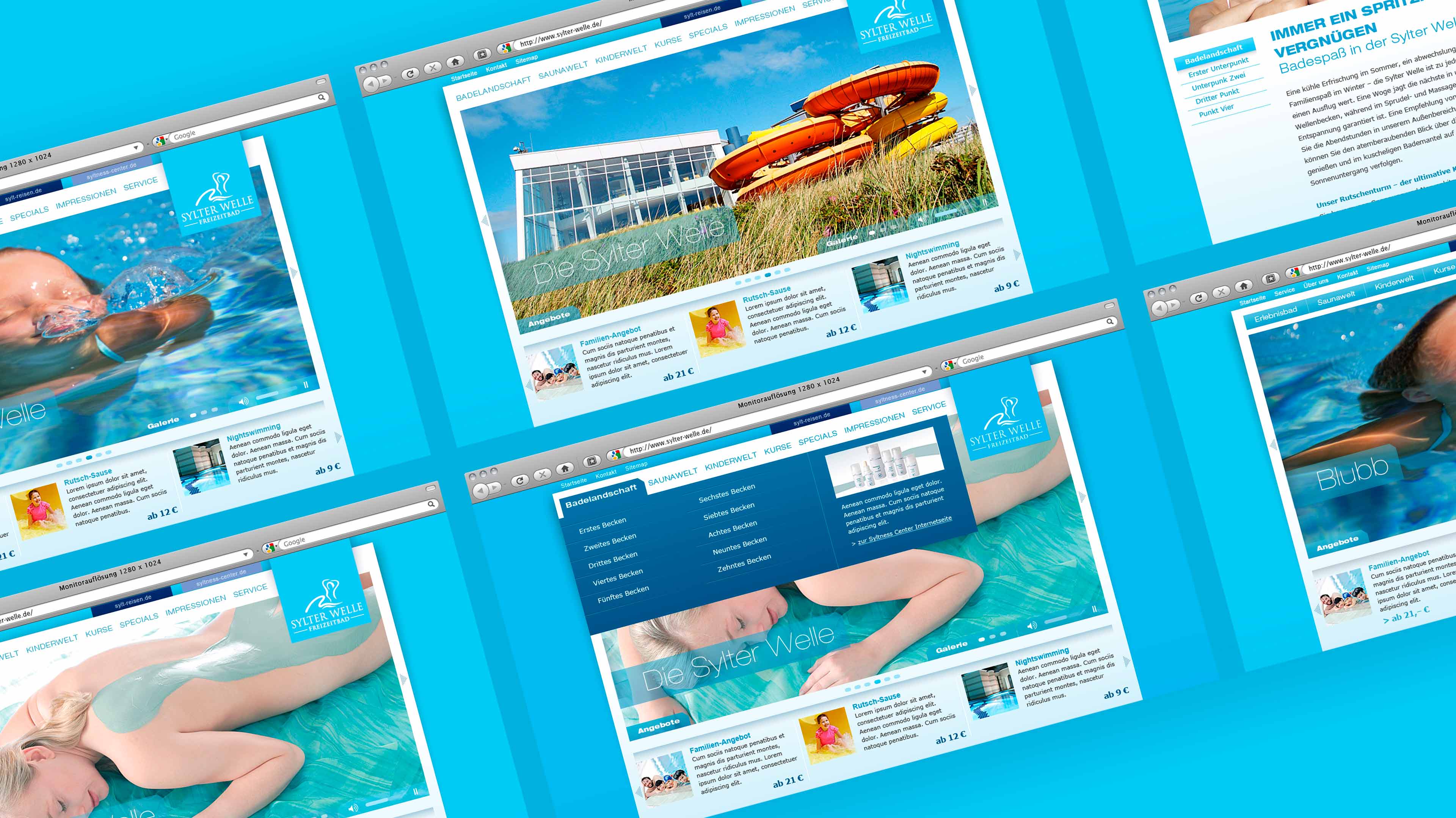 Sechs unterschiedliche Unterseiten der Sylter Welle Homepage