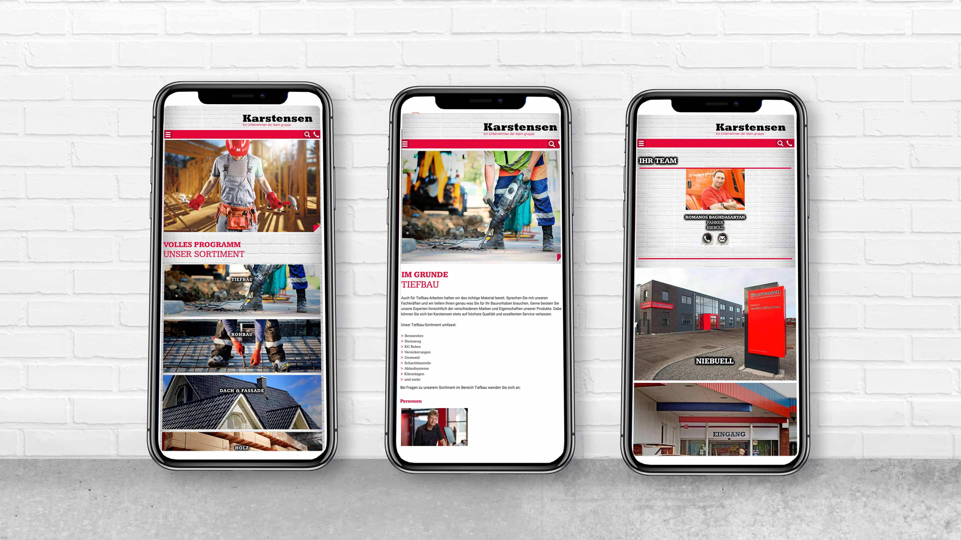 Karstensen Baufachmarkt Homepage in drei Smartphone Ansichten