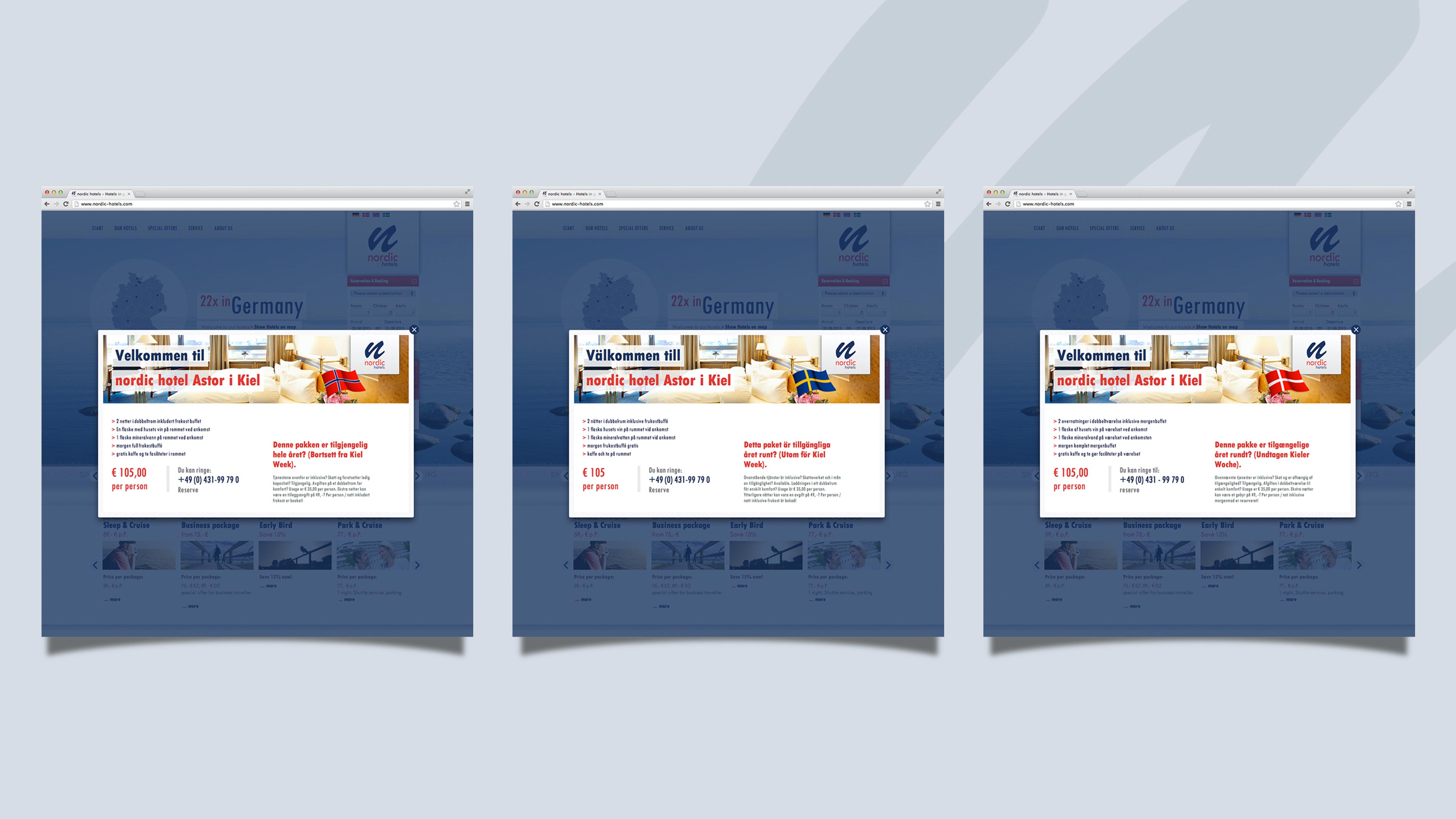 Drei Homepage Ausschnitte in drei Sprachen